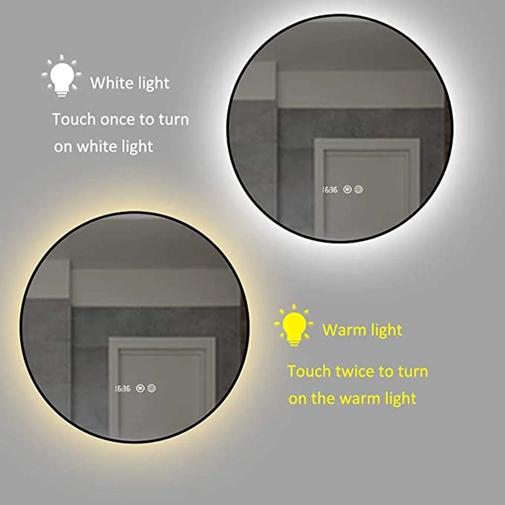 آینه حمام WRQzxcv، آینه دیواری LED با پد ضد بخار و کلید لمسی، مناسب آرایش و زیبایی، لبه مشکی، قطر 50/60/70/80 سانتی متر (80 سانتی متر/31.5 اینچ)