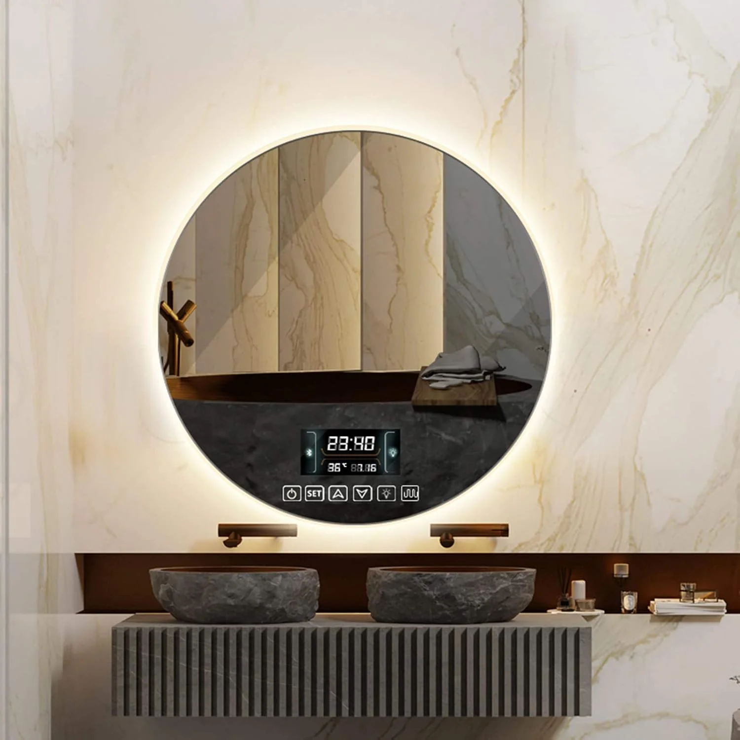 آینه گرد LED WRQzxcv برای حمام با نور پس زمینه و عملکرد ضد مه، آینه آرایشی لمسی دایره ای قابل تنظیم برای نصب روی دیوار بالای روشویی