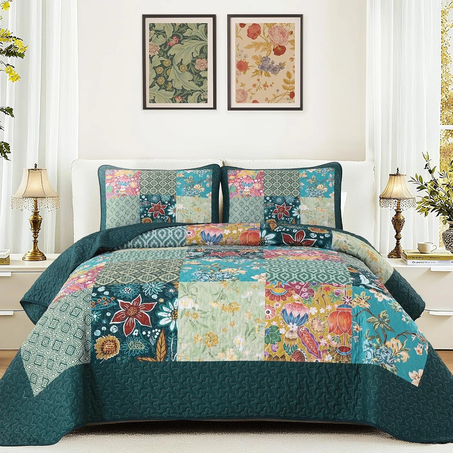 ست لحاف تکه دوزی DJY سایز کینگ 3 تکه طرح چهارخانه سبز با طرح گل، ست روتختی لحافی بوهمی فیروزه ای روستایی سبک وزن دو رو برای تمام فصل ها (279x228 سانتی متر)