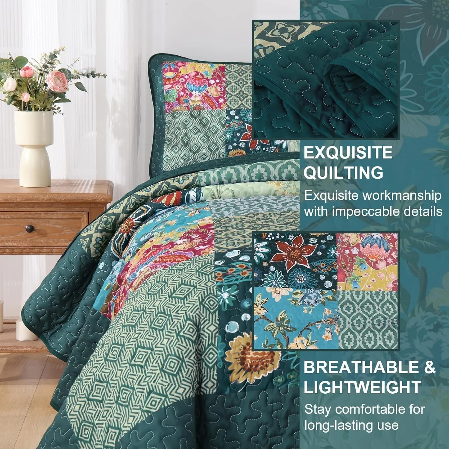 ست لحاف تکه دوزی DJY سایز کینگ 3 تکه طرح چهارخانه سبز با طرح گل، ست روتختی لحافی بوهمی فیروزه ای روستایی سبک وزن دو رو برای تمام فصل ها (279x228 سانتی متر)