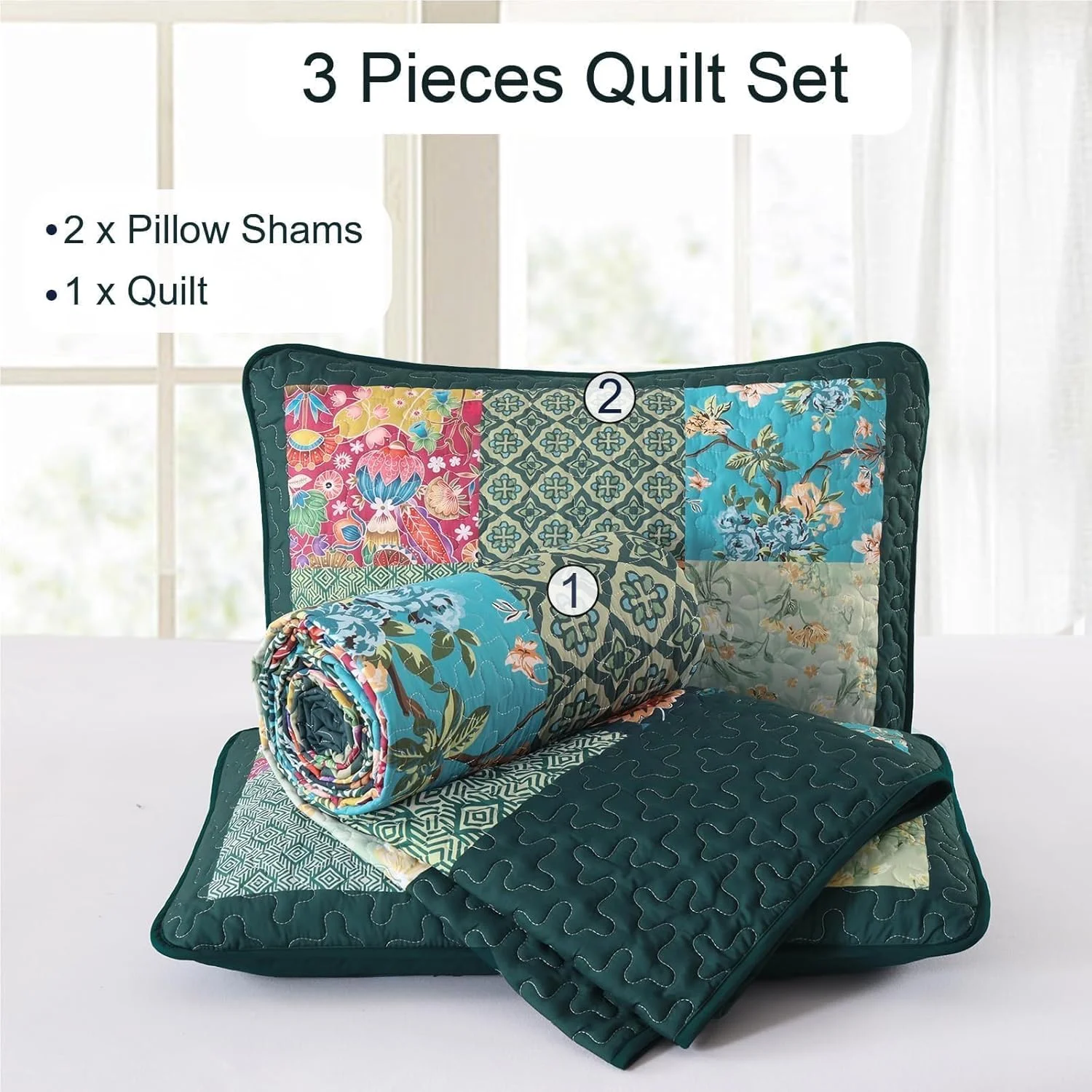 ست لحاف تکه دوزی DJY سایز کینگ 3 تکه طرح چهارخانه سبز با طرح گل، ست روتختی لحافی بوهمی فیروزه ای روستایی سبک وزن دو رو برای تمام فصل ها (279x228 سانتی متر)