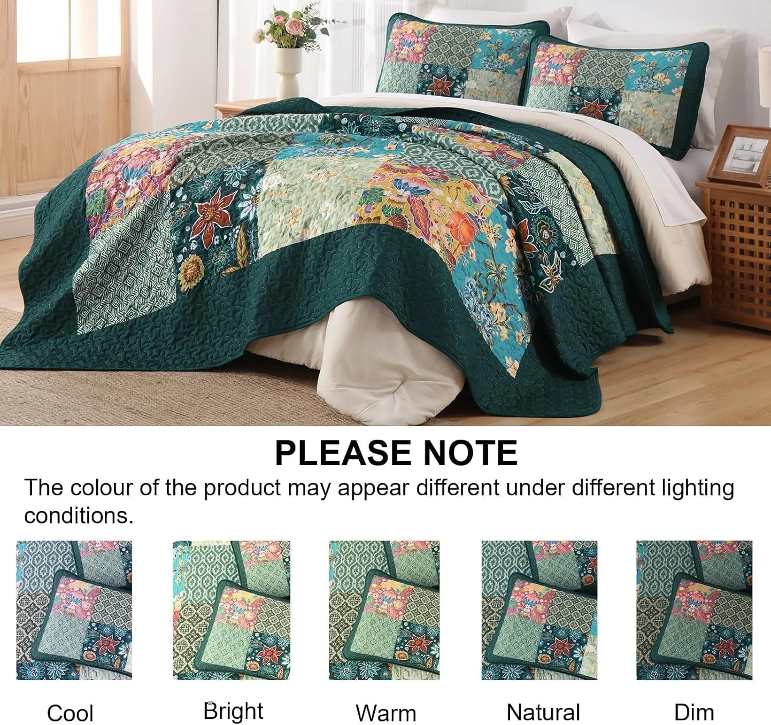 ست لحاف تکه دوزی DJY سایز کینگ 3 تکه طرح چهارخانه سبز با طرح گل، ست روتختی لحافی بوهمی فیروزه ای روستایی سبک وزن دو رو برای تمام فصل ها (279x228 سانتی متر)