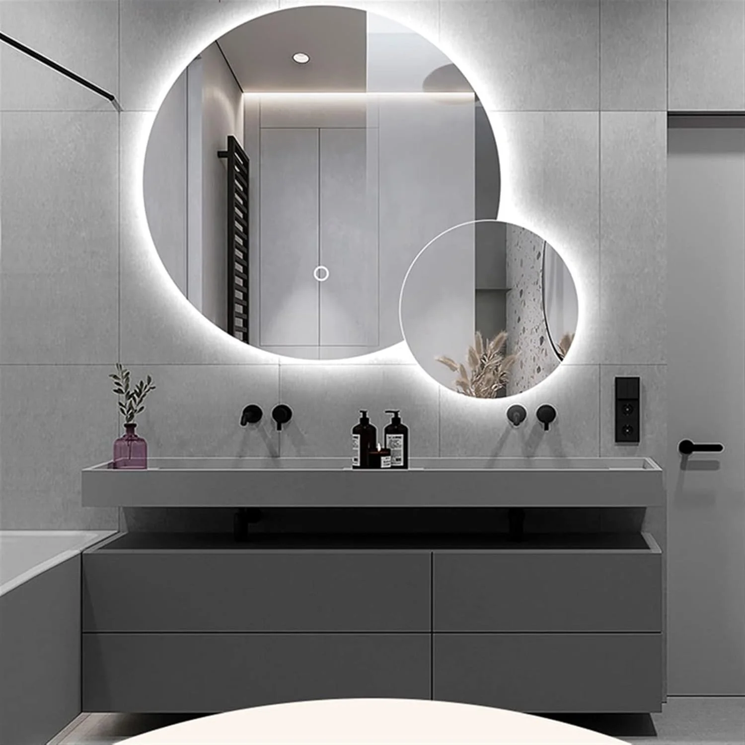 آینه حمام WRFTTCRR، آینه حمام شفاف بدون بخار، آینه حمام با نور و بلوتوث، آینه حمام دوتایی زیبا و سفارشی