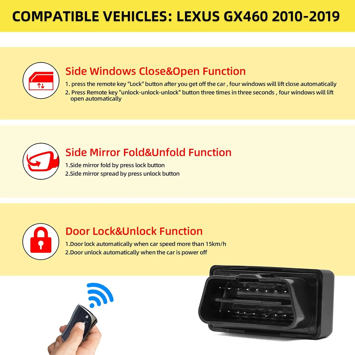 ماژول کیت قفل سرعت درب، باز و بسته کردن پنجره اتوماتیک، تاشو و باز کردن آینه بغل خودرو از راه دور Forten Kingdom OBD GX 460 مناسب برای لوازم جانبی لکسوس GX460 مدل 2010-2019