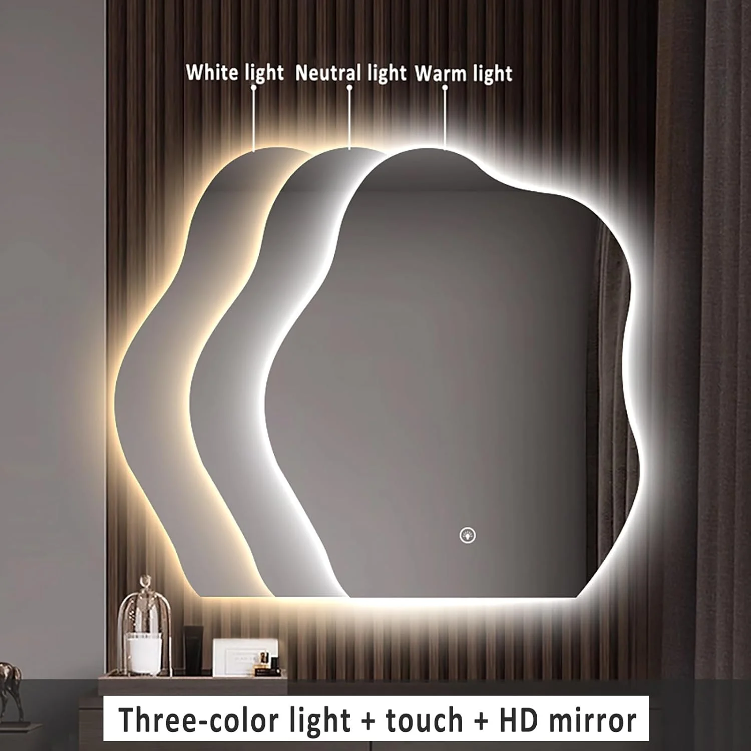 آینه روشویی ال ای دی با نور پس زمینه، آینه حمام بدون قاب با نور نامنظم، آینه آرایشی شکل دار تزئینی برای اتاق نشیمن، حمام، اتاق خواب، ورودی دیوار