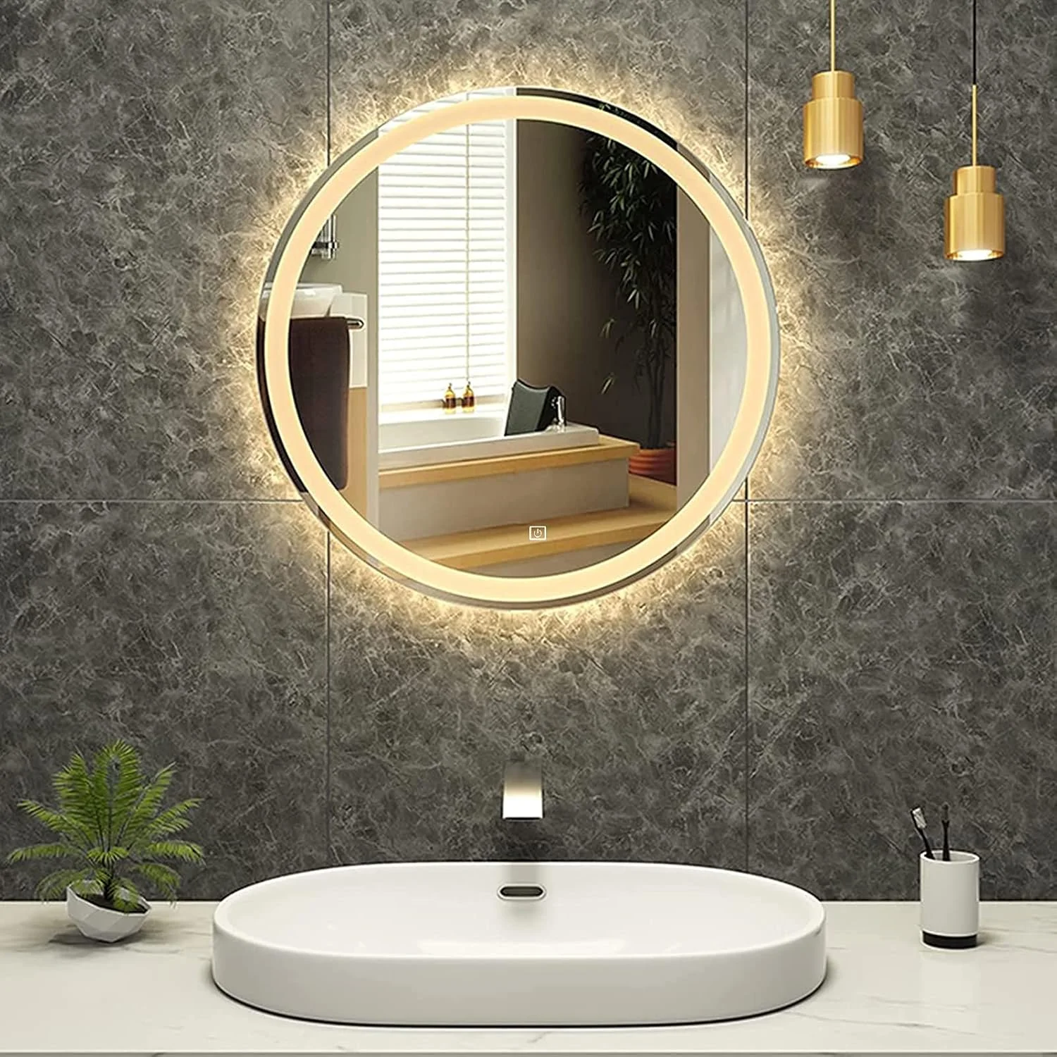آینه گرد LED حمام WANGPP، آینه دیواری حمام، آینه آرایش، کنترل ضد آب با سوئیچ لمسی، نور سفید / نور گرم قابل تنظیم