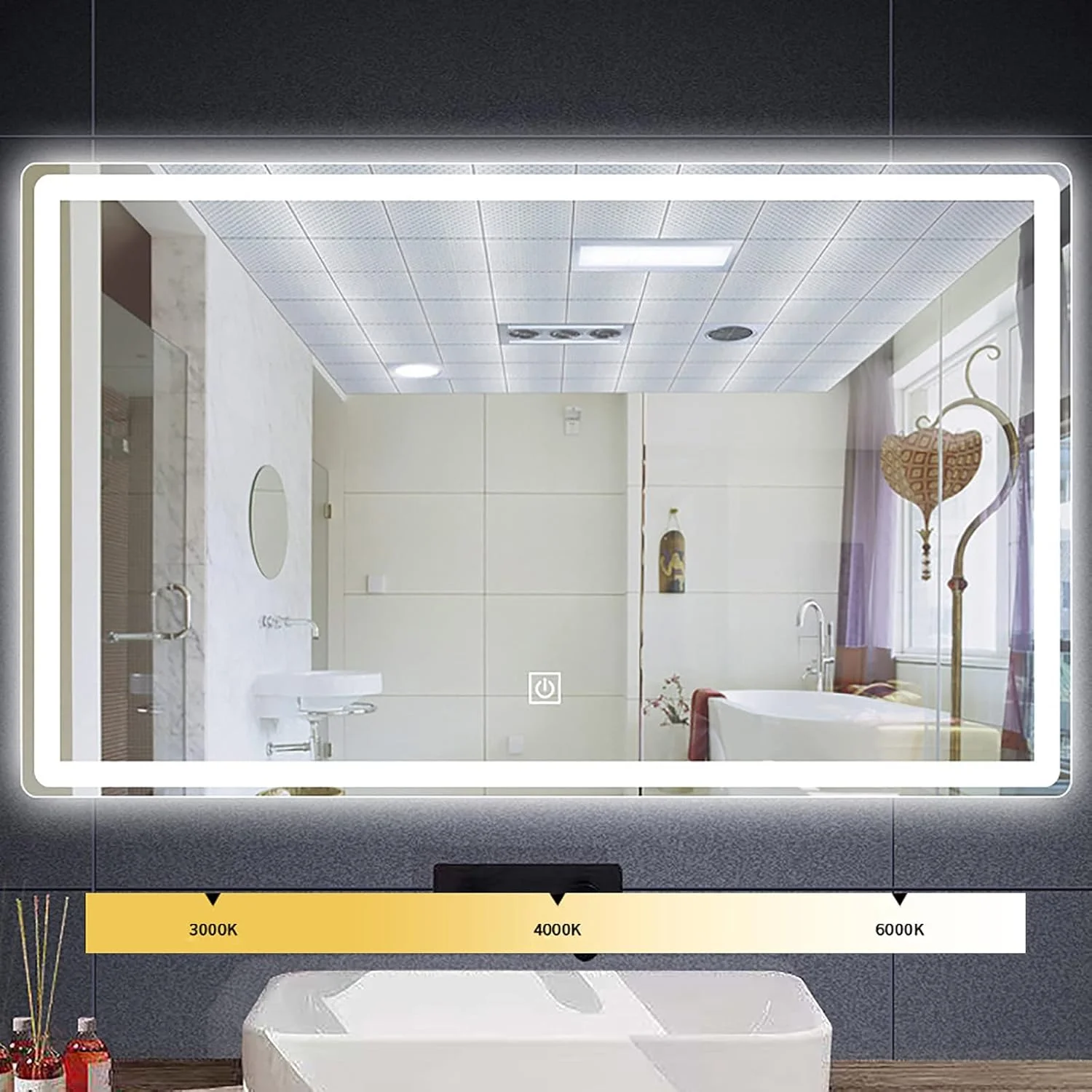 آینه حمام LED WANGPP، ضد بخار، دیمر دار، لمسی، 3 رنگ نور 3000-6000K، سفید سرد، خنثی، سفید گرم، صرفه جویی در انرژی، عمودی/افقی، انتخاب مدل - آینه حمام، آینه نور