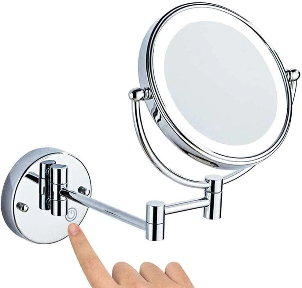 آینه آرایشی دیواری تاشو دو طرفه - بزرگنمایی 1X/5X، چرخش 360 درجه، روشنایی قابل تنظیم صفحه لمسی، شارژ USB، 8 اینچ، کروم