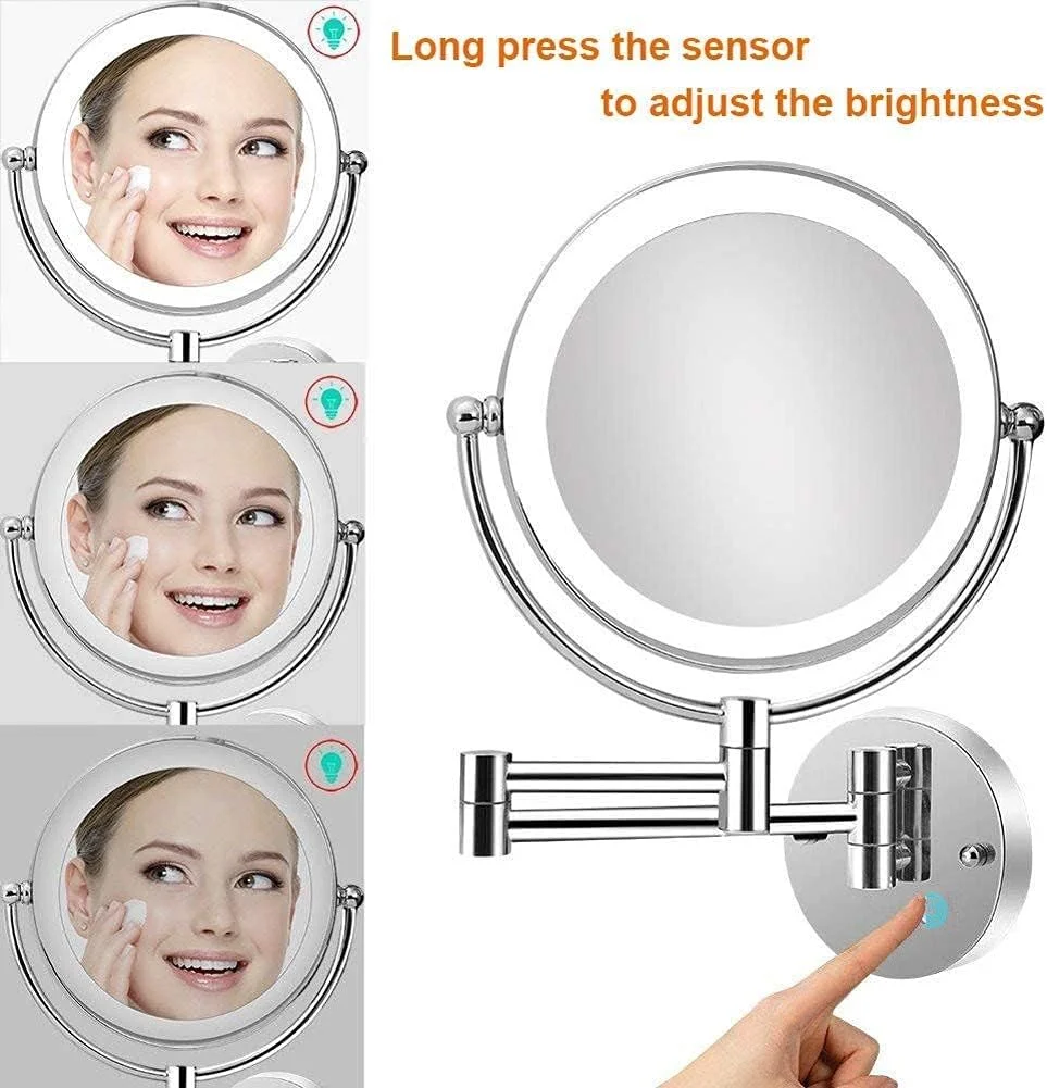 آینه آرایشی دیواری تاشو دو طرفه - بزرگنمایی 1X/5X، چرخش 360 درجه، روشنایی قابل تنظیم صفحه لمسی، شارژ USB، 8 اینچ، کروم