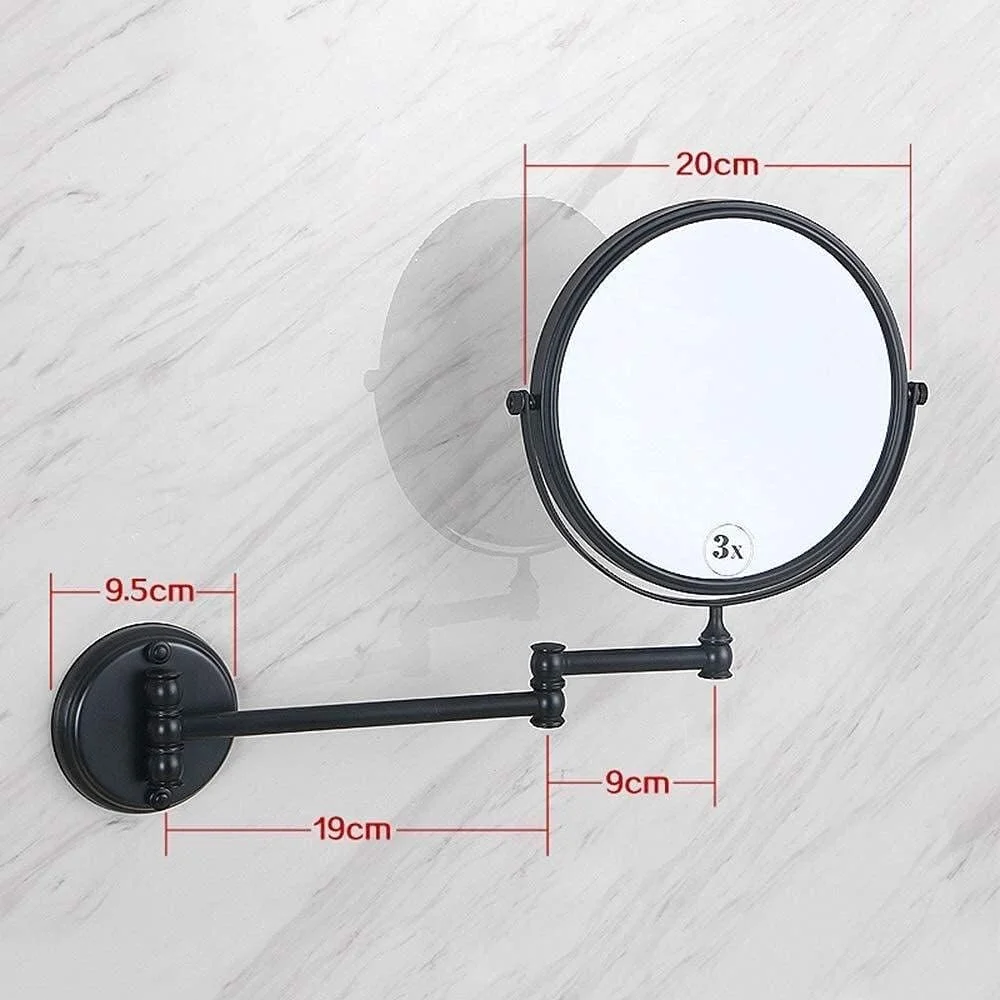 آینه آرایشی تاشو دیواری مشکی 8 اینچی، تلسکوپی دو طرفه با بزرگنمایی 3 برابر، آینه زیبایی حمام (رنگ: مشکی، اندازه: 8 اینچ 3X)