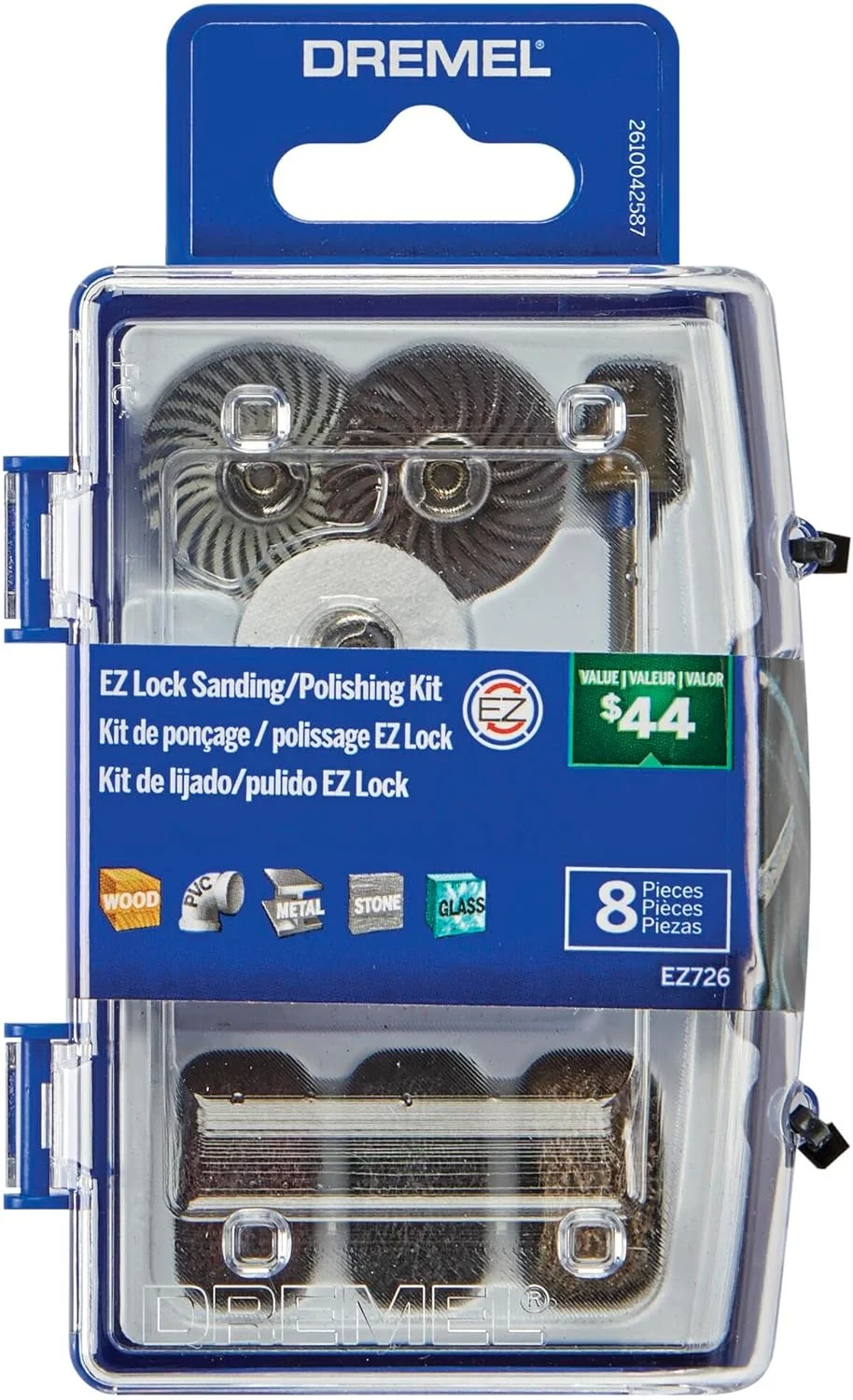 کیت لوازم جانبی چرخشی سنباده و پولیش درمل EZ726-01 EZ Lock، مجموعه 8 عددی متنوع - ایده آل برای سنباده زنی سبک، تمیز کردن دقیق یا پولیش مواد مختلف