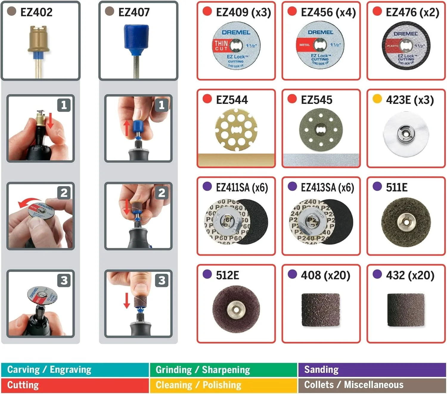 مجموعه لوازم جانبی ابزار چرخشی چند منظوره Dremel ez725 با کیت ذخیره سازی، EZ-Lock و EZ Drum برای تغییرات سریعتر، لوازم جانبی برای برش، پولیش، تمیز کردن، سنباده زدن، 70 قطعه