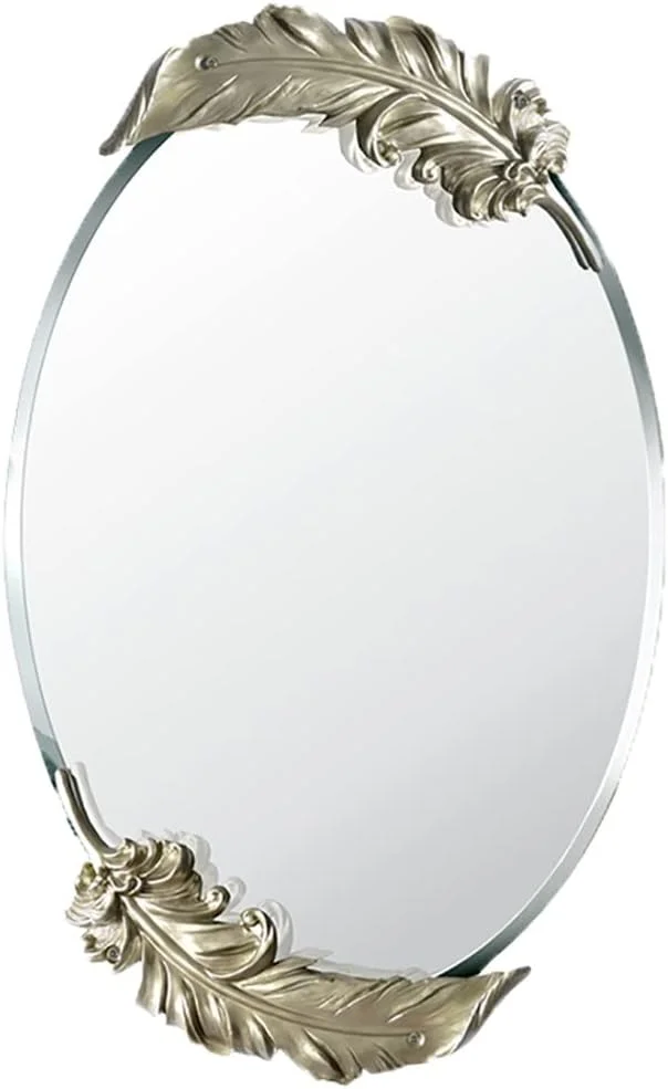آینه دیواری بیضی شکل، آینه حمام، آینه آرایش، آینه میز آرایش اتاق خواب، آینه دکوری ورودی، آینه دیواری آویز با تزئین پر (اندازه: 78 * 48 سانتی متر)
