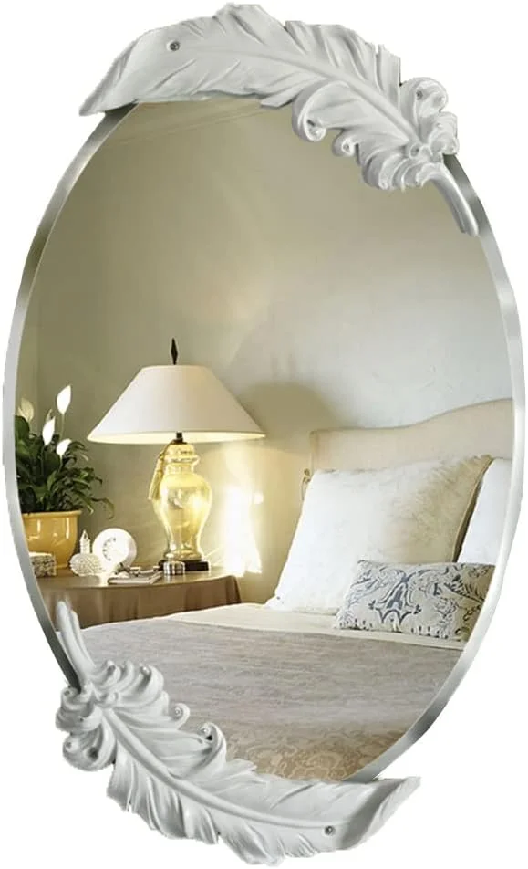 آینه دیواری بیضی شکل، آینه حمام، آینه آرایش، آینه میز آرایش اتاق خواب، آینه دکوری ورودی، آینه دیواری آویز با تزئین پر (اندازه: 78 * 48 سانتی متر)