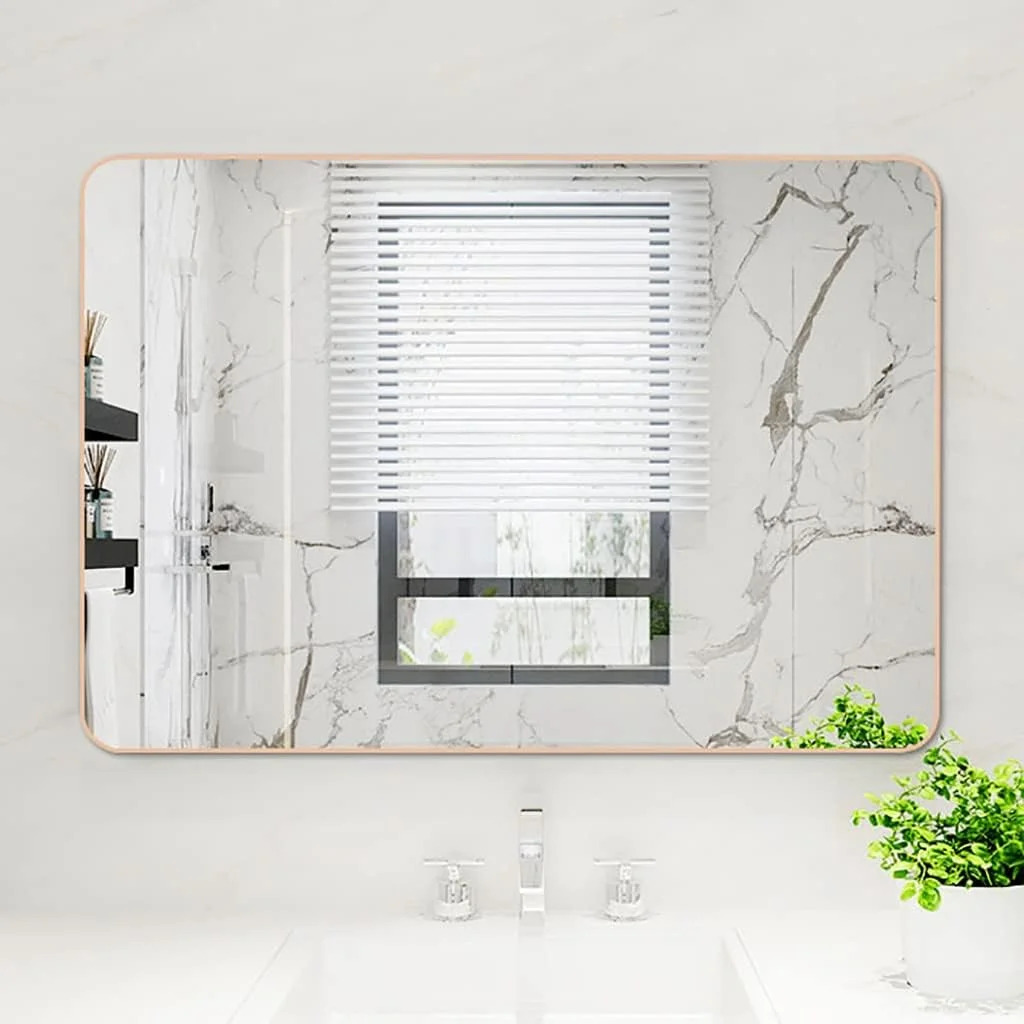 آینه دیواری، آینه حمام با قاب فلزی آلومینیومی، آینه آرایش، آینه روشویی اتاق خواب، آینه ورودی، آینه مستطیلی دیواری (رنگ: طلایی، اندازه: 30 * 40 سانتی متر)