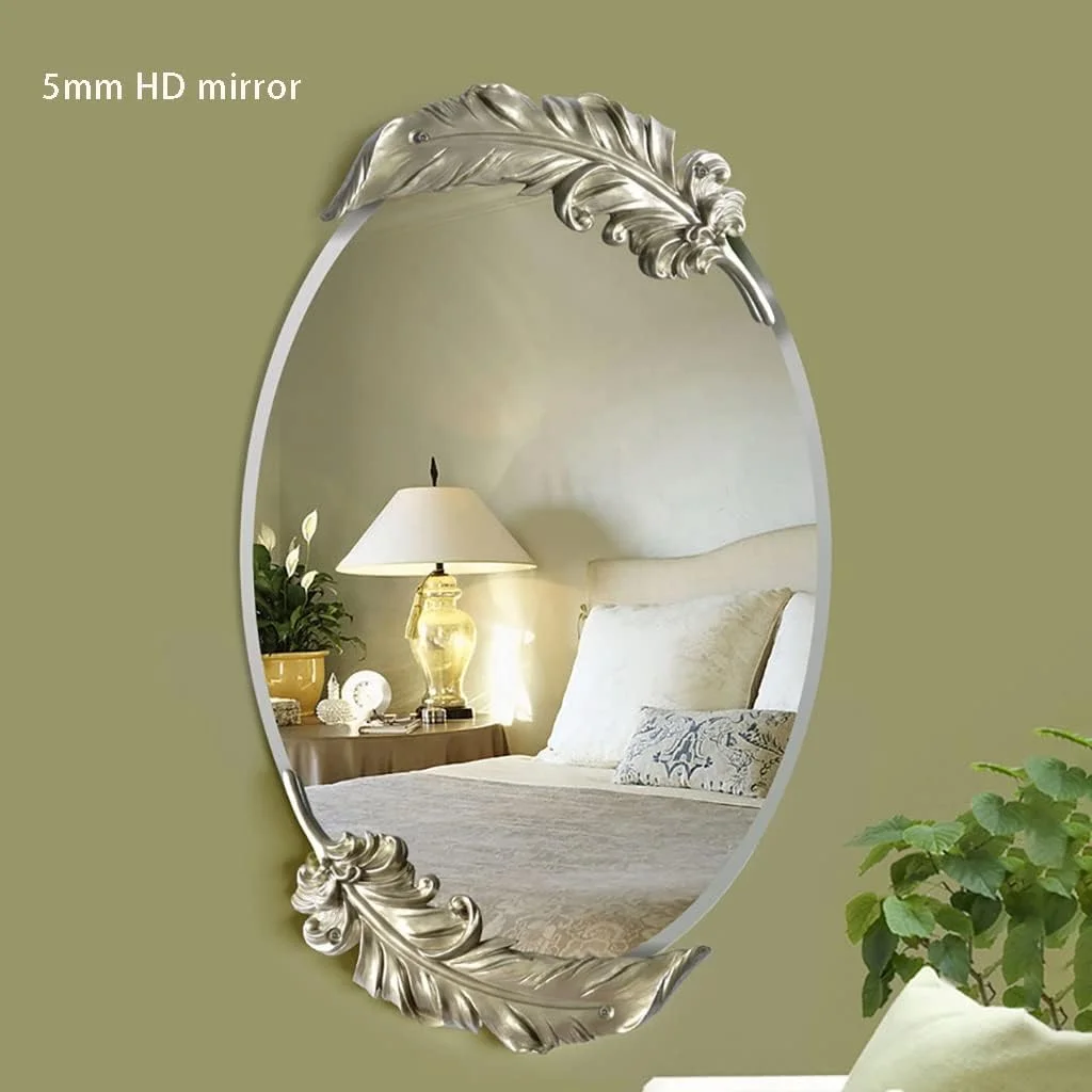 آینه دیواری بیضی شکل، آینه حمام، آینه آرایش، آینه میز آرایش اتاق خواب، آینه دکوری ورودی، آینه دیواری آویز با تزئین پر (اندازه: 78 * 48 سانتی متر)