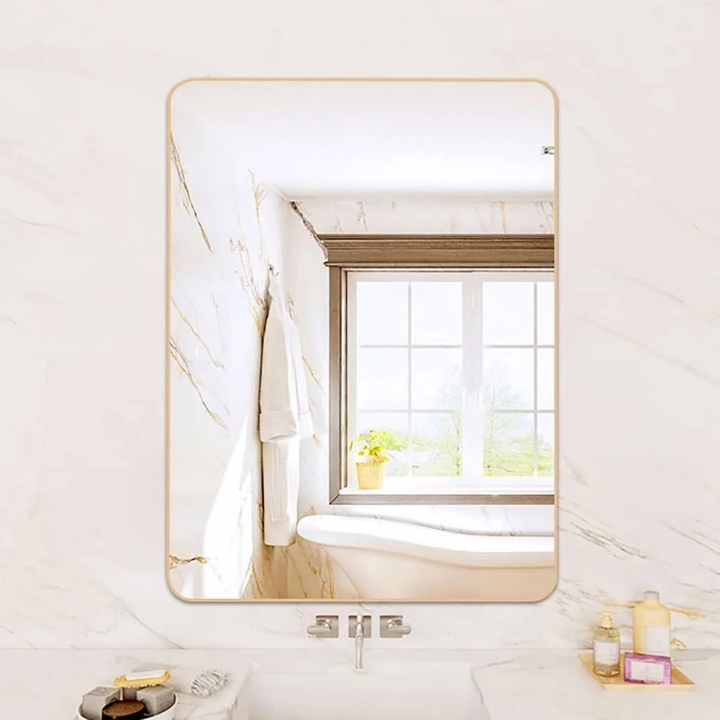 آینه دیواری، آینه حمام با قاب فلزی آلومینیومی، آینه آرایش، آینه روشویی اتاق خواب، آینه ورودی، آینه مستطیلی دیواری (رنگ: طلایی، اندازه: 30 * 40 سانتی متر)