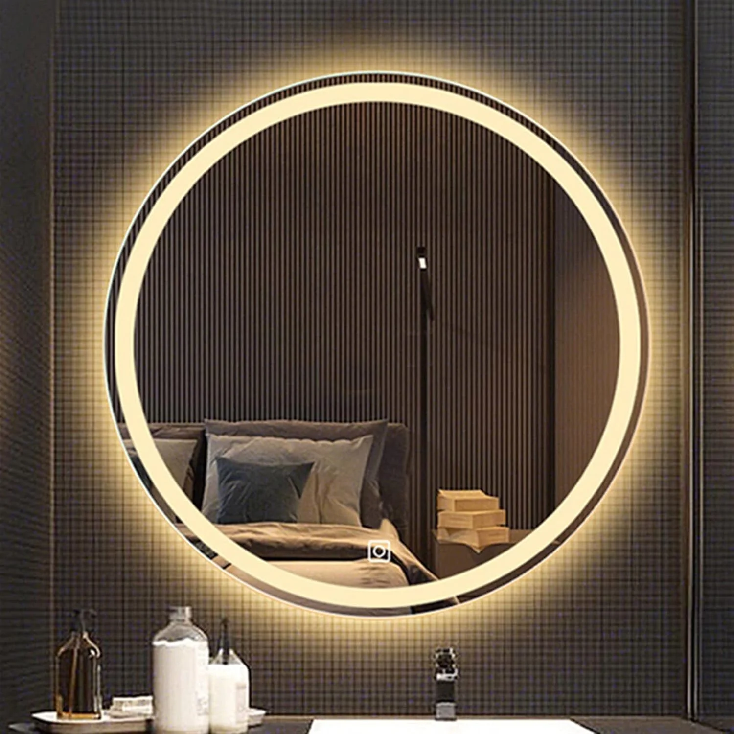 آینه دیواری VRFGRRT، مناسب برای روشویی، حمام، دارای نور، چسبی، گرد، تمام قد و بزرگ