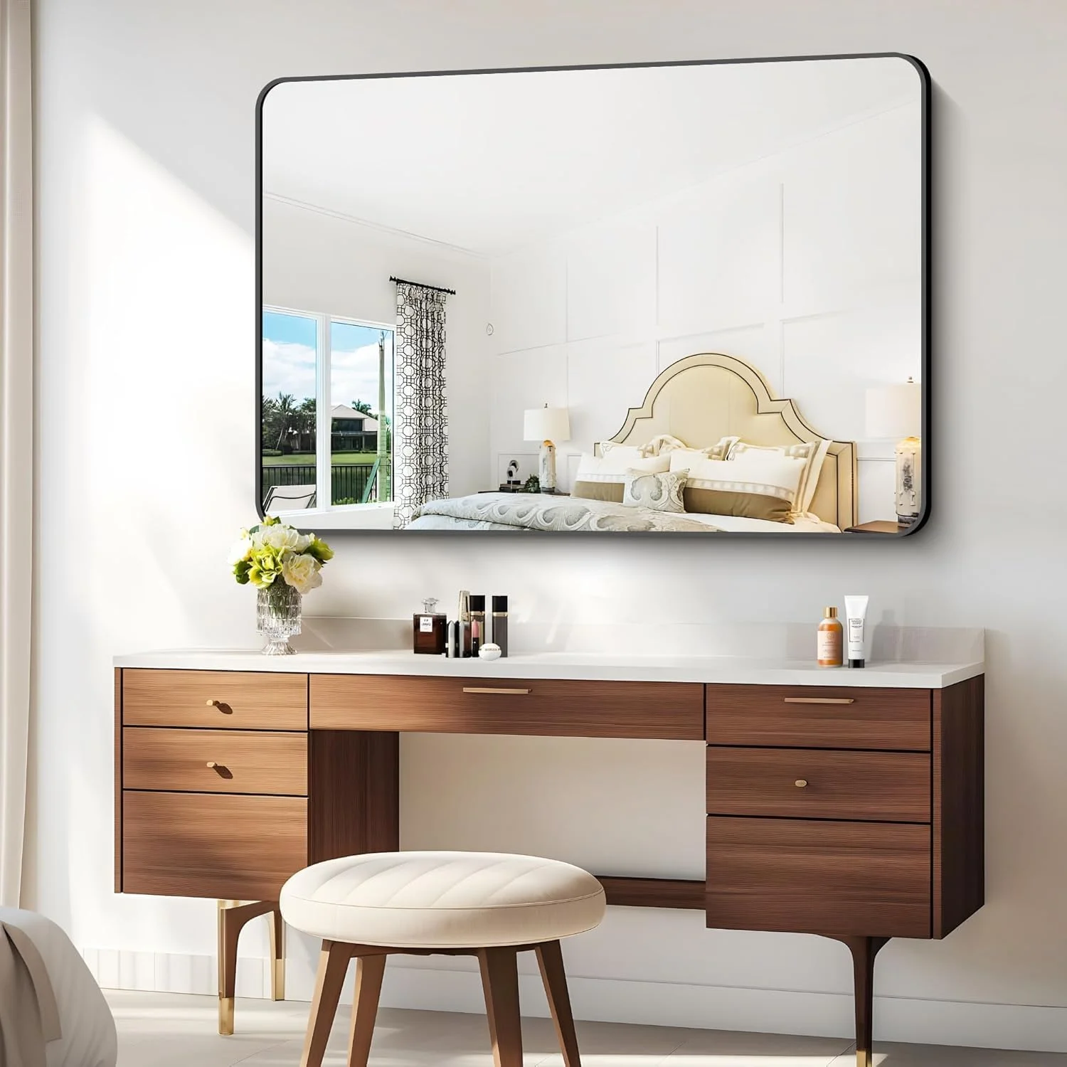 VPHOME 48"x30" Bathroom Mirror, Black Rectangle Mirror,Large Wall Mounted Bathroom Frame Vanity Mirror with Round Corner for Living Room,Entryway Hangs Horizontally (Black-Round Corner, 75x120cm) VPHOME 48"x30" Bathroom Mirror, Black Rectangle Mirror,Large Wall Mounted Bathroom Frame Vanity Mirror with Round Corner for Living Room,Entryway Hangs Horizontally (Black-Round Corner, 75x120cm)