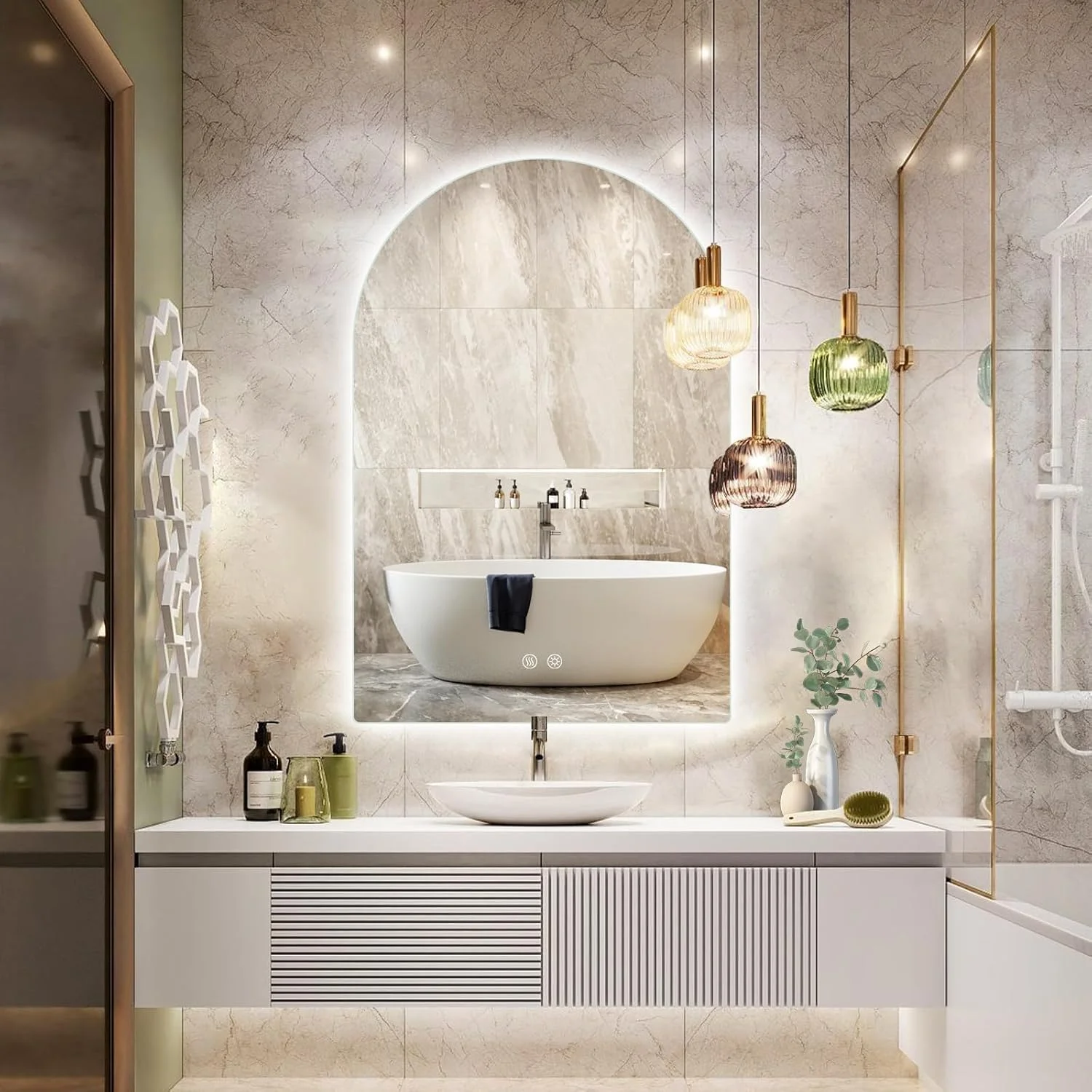 آینه حمام LED کمانی VPHOME، آینه بدون قاب با نور پس زمینه کمانی برای آینه روشویی دیواری با قابلیت ضد بخار، لمسی، 3 رنگ نورپردازی شده برای حمام اتاق نشیمن (VPMR-67، 50X80cm (19.6x31.5 اینچ))