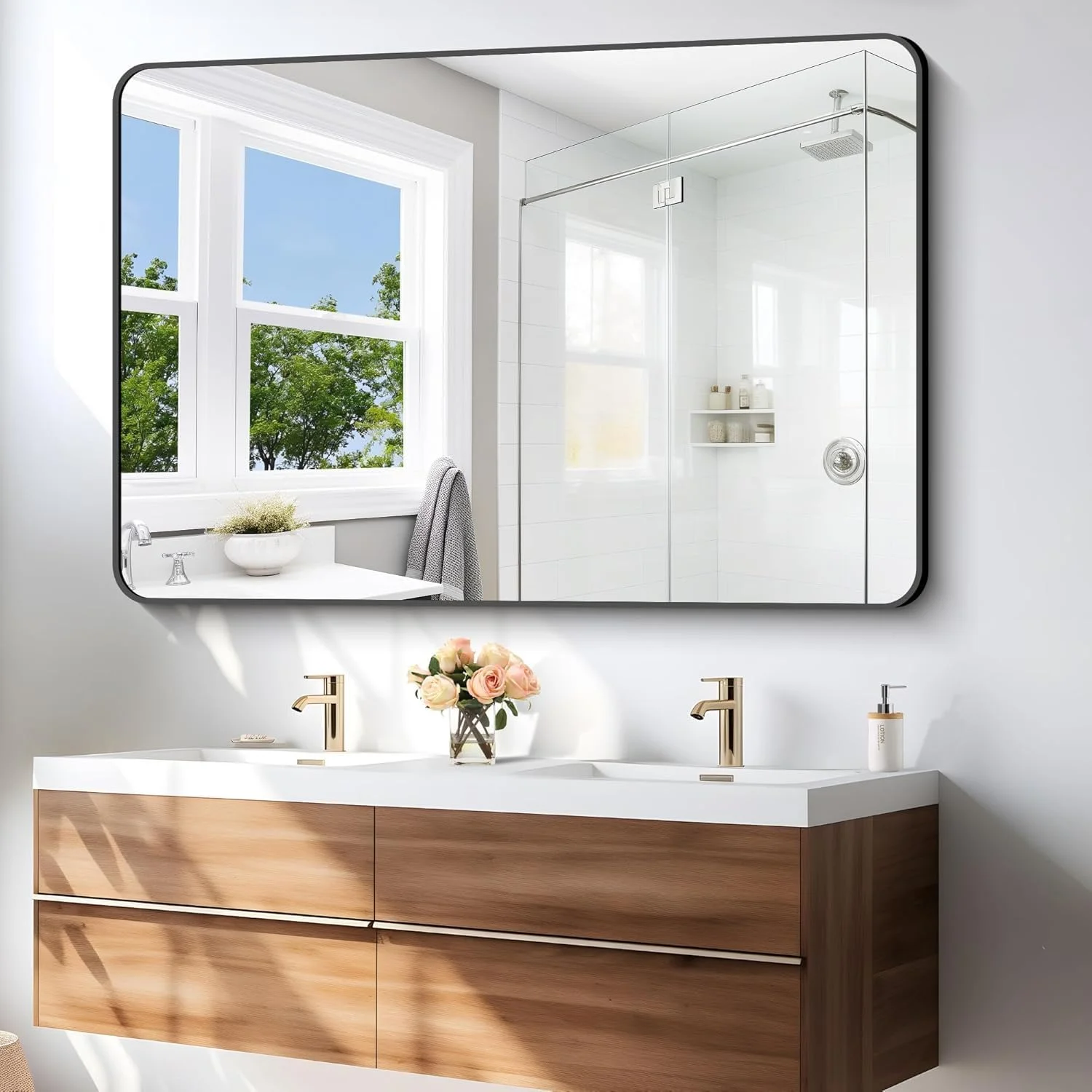 VPHOME 48"x30" Bathroom Mirror, Black Rectangle Mirror,Large Wall Mounted Bathroom Frame Vanity Mirror with Round Corner for Living Room,Entryway Hangs Horizontally (Black-Round Corner, 75x120cm)