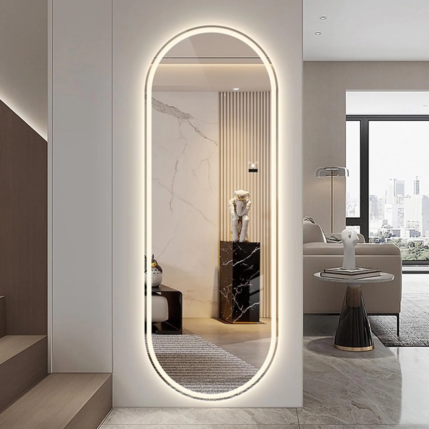آینه قدی بیضی شکل VPHOME با چراغ، آینه دیواری چراغ دار 160 در 60 سانتی متر، آینه تمام قد، آینه دیواری، نور صورت با قابلیت تنظیم نور و 3 رنگ نورپردازی برای اتاق خواب، حمام (160 * 60 سانتی متر)