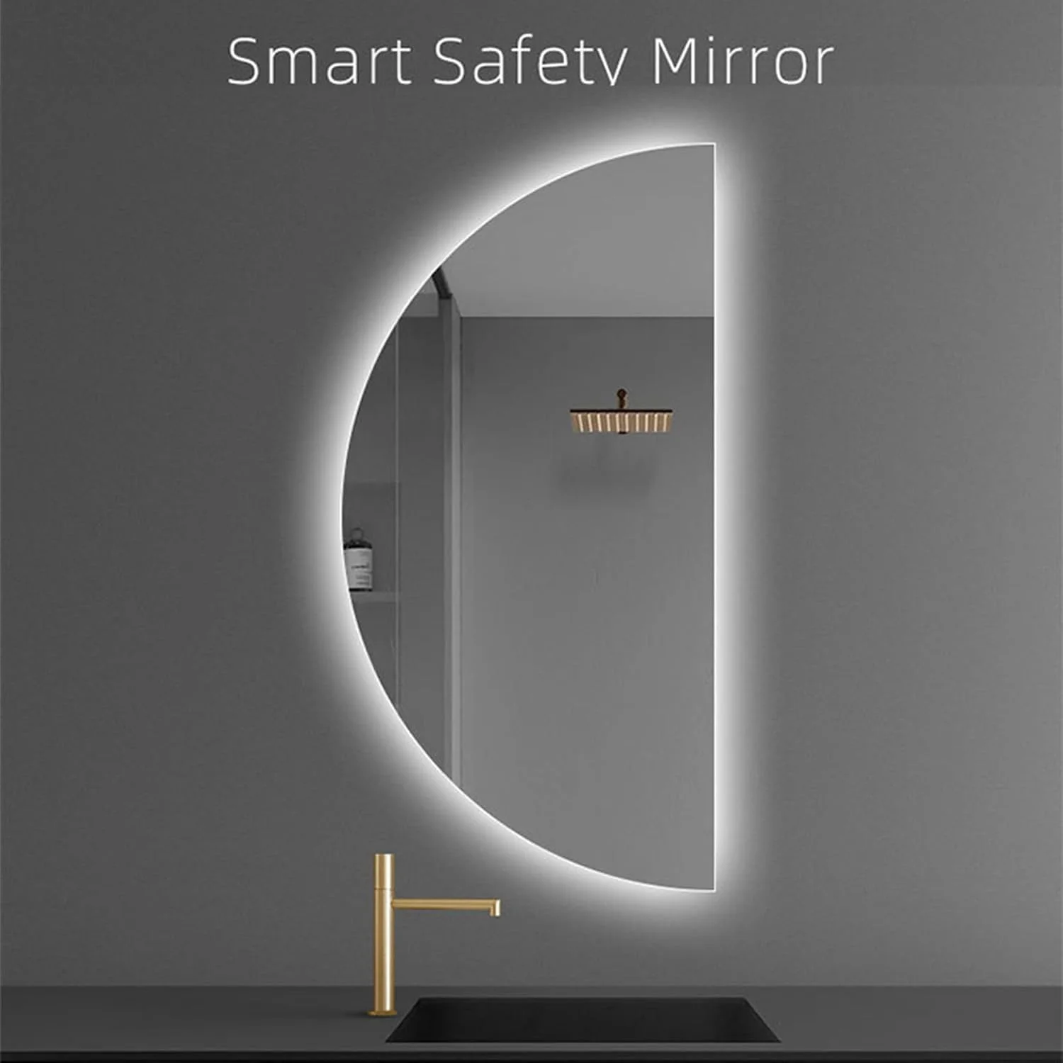 آینه حمام LED روشن VPHOME، آینه روشویی نیم دایره آویز 50x100 سانتی متر، آینه دیواری بزرگ نامنظم نیمه ماه با ضد مه، عملکرد کم نور 3 رنگ (VPMR-15)