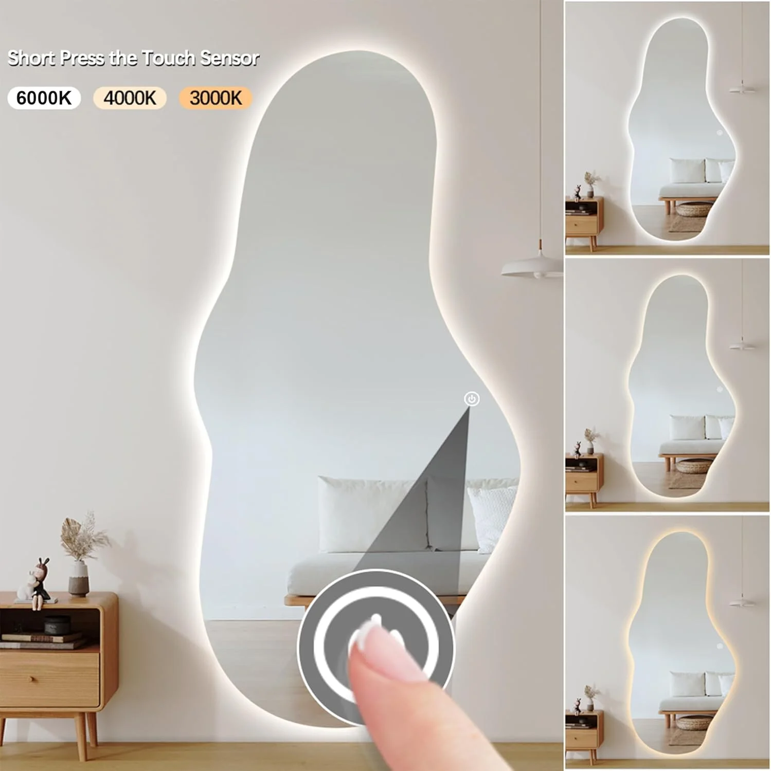 آینه حمام ال ای دی نامنظم VPHOME، آینه نامتقارن با نور، 70x170 سانتی متر، آینه موج دار بدون قاب برای اتاق خواب و نشیمن