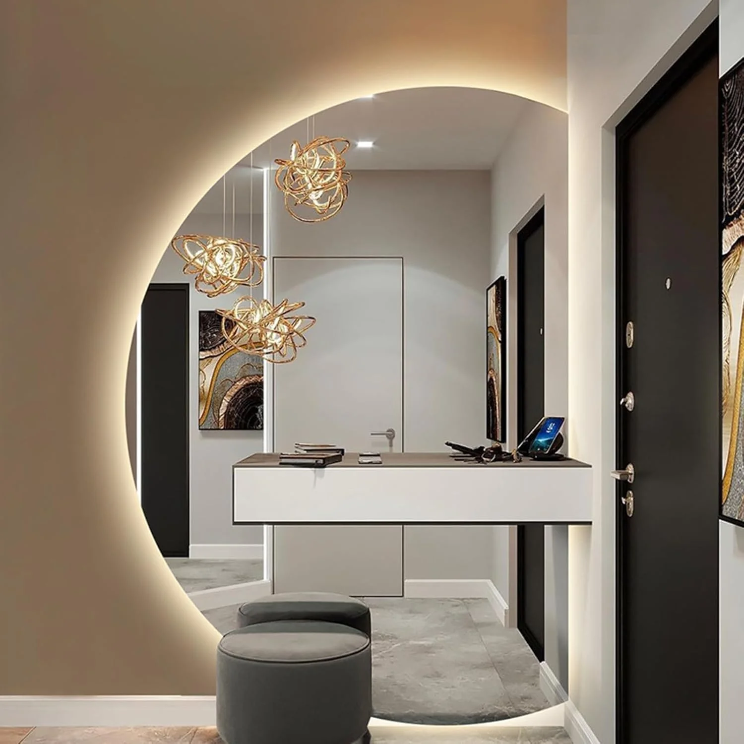 VPHOME Illuminated LED Bathroom Mirror, Semicircle Vanity Mirror, Hanging Half Moon Irregular Wall Mirror, HD Shatterproof Full Length Mirror, 3 Colors Dimmable Makeup Mirror VPHOME Illuminated LED Bathroom Mirror, Semicircle Vanity Mirror, Hanging Half Moon Irregular Wall Mirror, HD Shatterproof Full Length Mirror, 3 Colors Dimmable Makeup Mirror