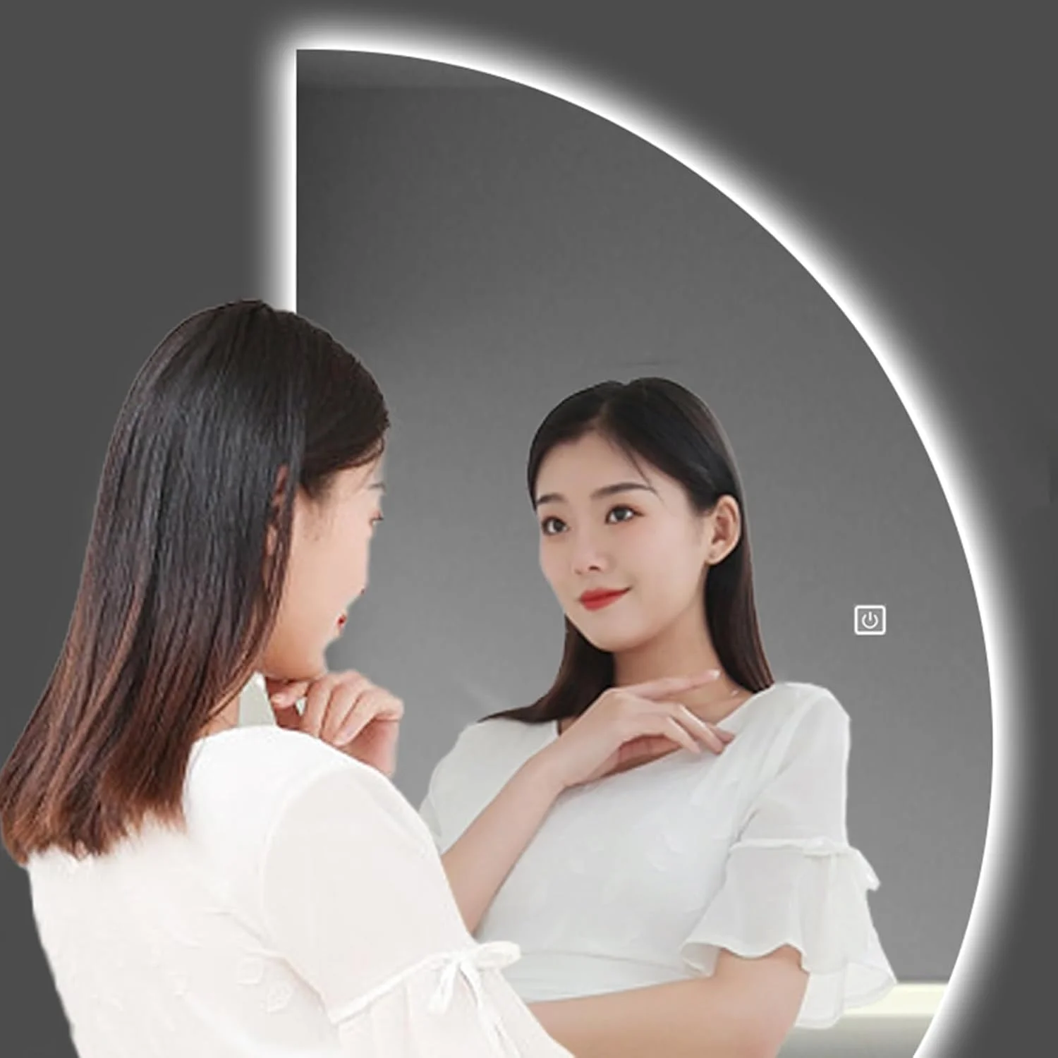 VPHOME Illuminated LED Bathroom Mirror, Semicircle Vanity Mirror, Hanging Half Moon Irregular Wall Mirror, HD Shatterproof Full Length Mirror, 3 Colors Dimmable Makeup Mirror