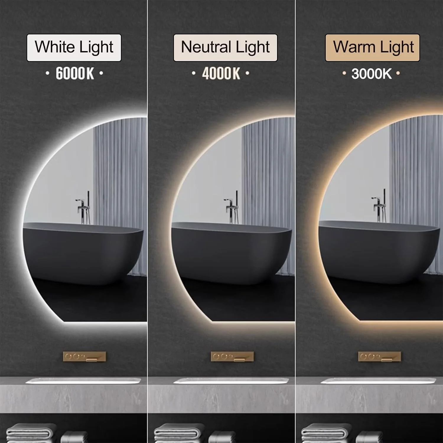 آینه نیم دایره ای حمام Vparty با چراغ های LED، نصب دیواری با ضد بخار، آینه روشویی حمام HD، آینه دیواری با 3 حالت نور، با دکمه لمسی (نقره ای، 90x80 سانتی متر)