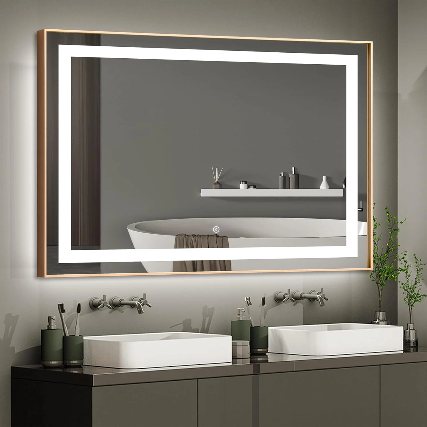 VPHOME Framed LED Bathroom Mirror - 48x30 inch Dimmable Anti Fog Large Lighted Bathroom Mirrors - Wall Mounted Front Lit LED Vanity Mirror Gold Frame 3 LED Lights Mirror VPHOME Framed LED Bathroom Mirror - 48x30 inch Dimmable Anti Fog Large Lighted Bathroom Mirrors - Wall Mounted Front Lit LED Vanity Mirror Gold Frame 3 LED Lights Mirror