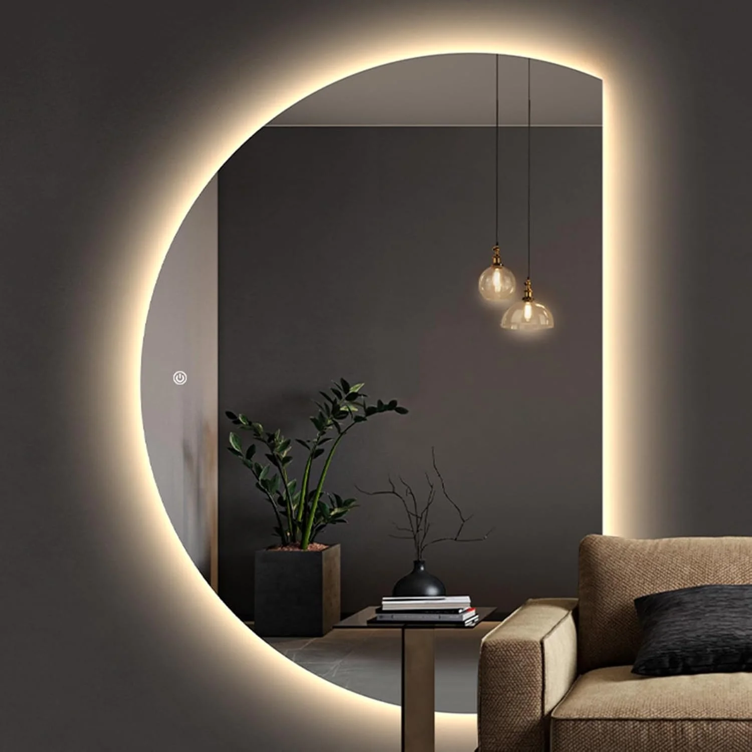 VPHOME Illuminated LED Bathroom Mirror, Semicircle Vanity Mirror, Hanging Half Moon Irregular Wall Mirror, HD Shatterproof Full Length Mirror, 3 Colors Dimmable Makeup Mirror