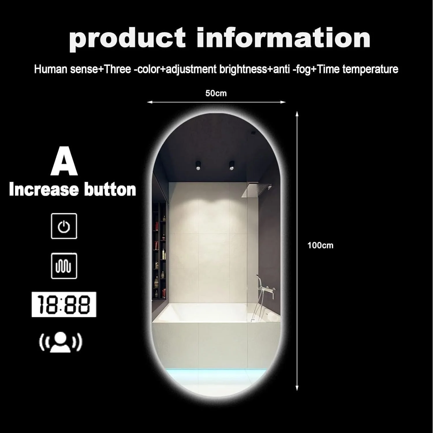 آینه آرایش بیضی ال ای دی VPHOME برای حمام، آینه دیواری ضد مه با نور پس زمینه، آینه روشویی ال ای دی بزرگ مدرن برای حمام، روشنایی سه رنگ قابل تنظیم، صرفه جویی در انرژی (VPMR-65، 100x50 سانتی متر یا 40x20 اینچ)