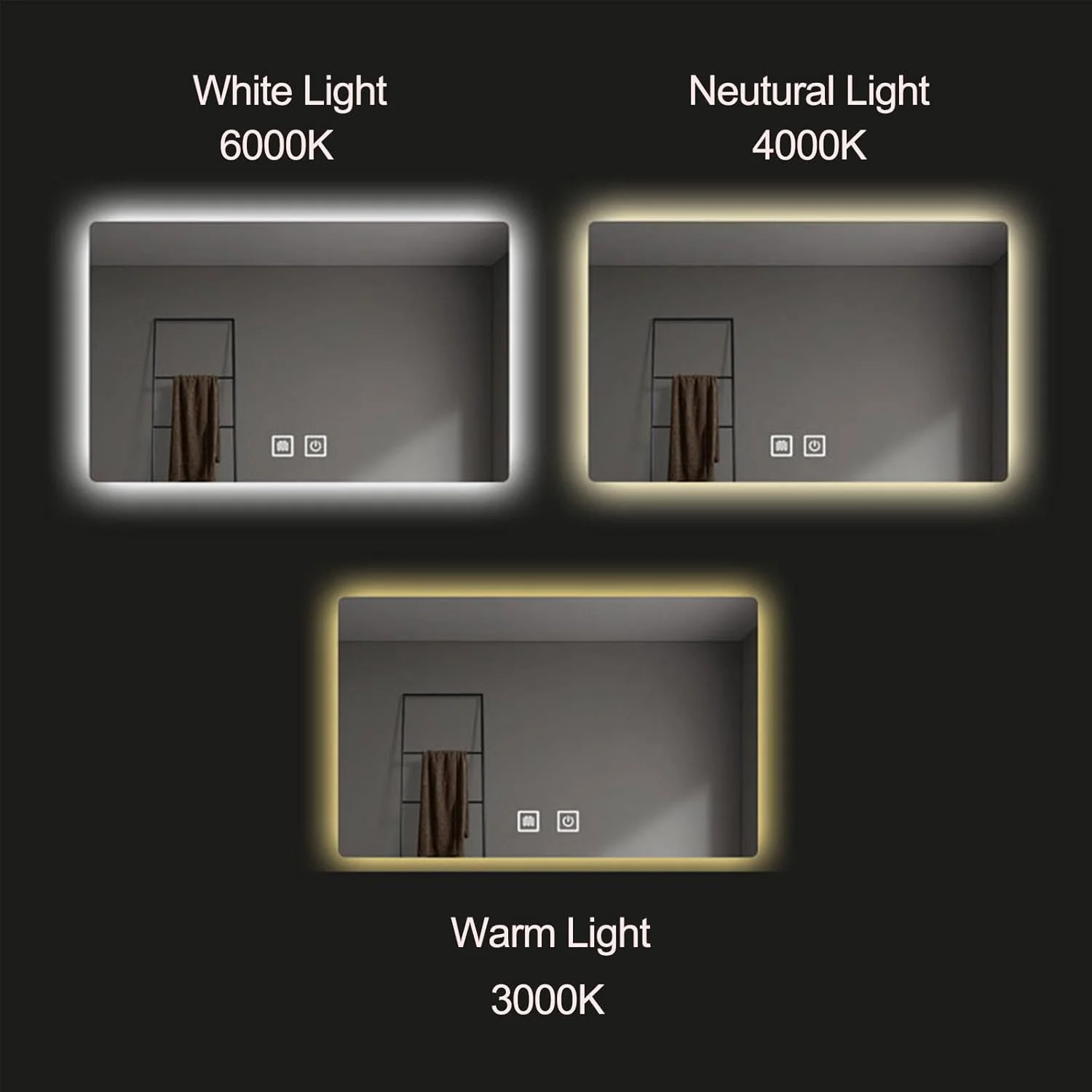 آینه حمام LED مدل Vparty، نور پس زمینه + چراغ های جلو، آینه آرایش دیواری، آینه روشویی LED با قابلیت تنظیم نور در 3 رنگ، ضد آب، نصب دیواری افقی (مدل B، 60x100 سانتی متر)