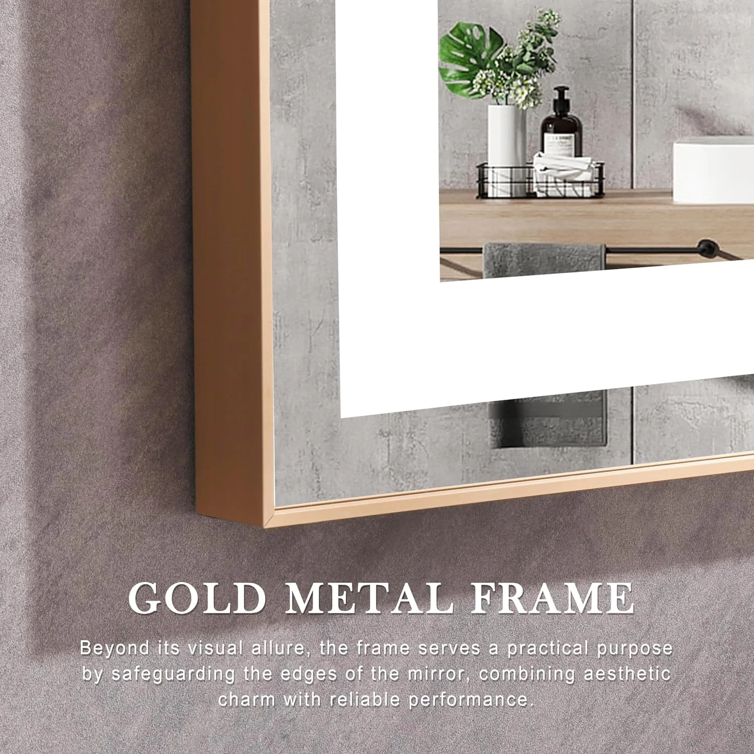 VPHOME Framed LED Bathroom Mirror - 48x30 inch Dimmable Anti Fog Large Lighted Bathroom Mirrors - Wall Mounted Front Lit LED Vanity Mirror Gold Frame 3 LED Lights Mirror