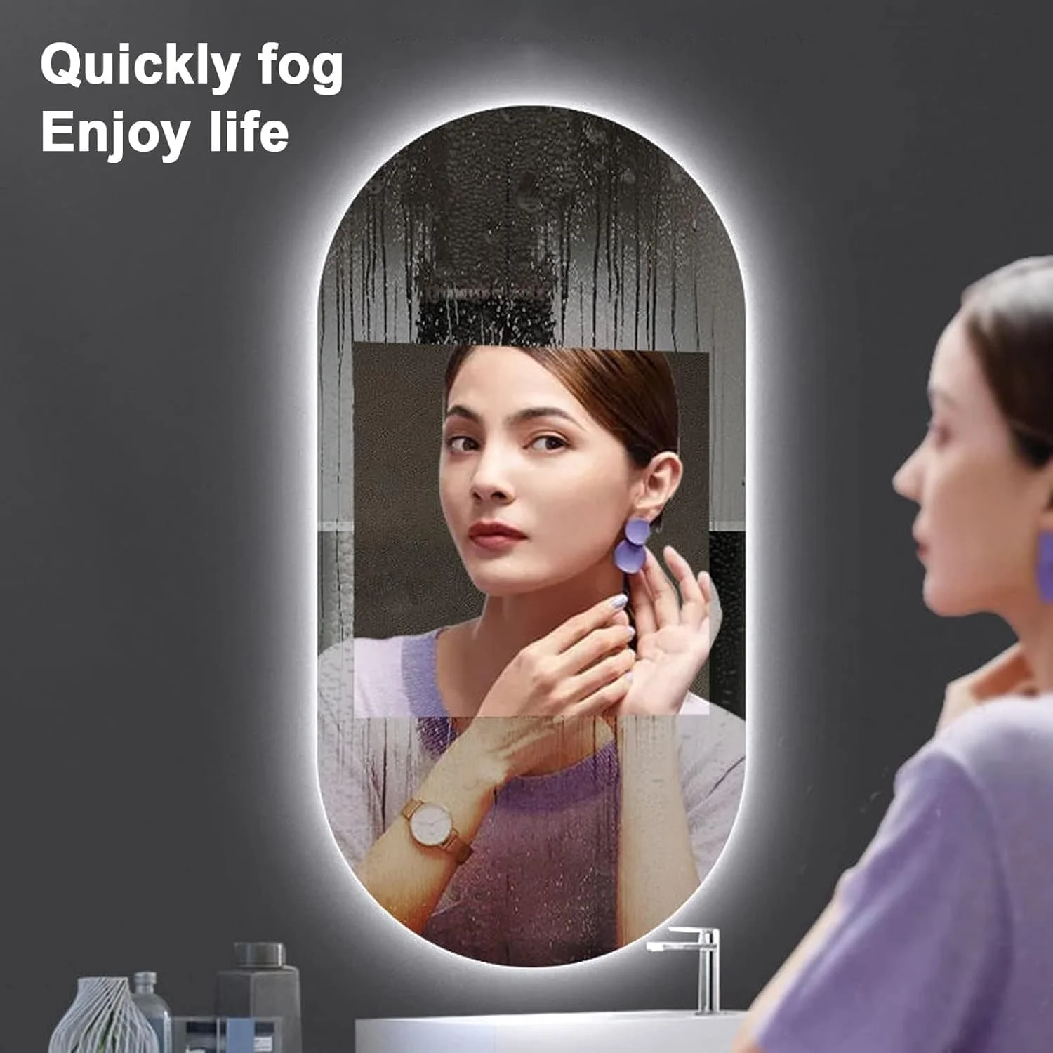 آینه آرایش بیضی ال ای دی VPHOME برای حمام، آینه دیواری ضد مه با نور پس زمینه، آینه روشویی ال ای دی بزرگ مدرن برای حمام، روشنایی سه رنگ قابل تنظیم، صرفه جویی در انرژی (VPMR-65، 100x50 سانتی متر یا 40x20 اینچ)