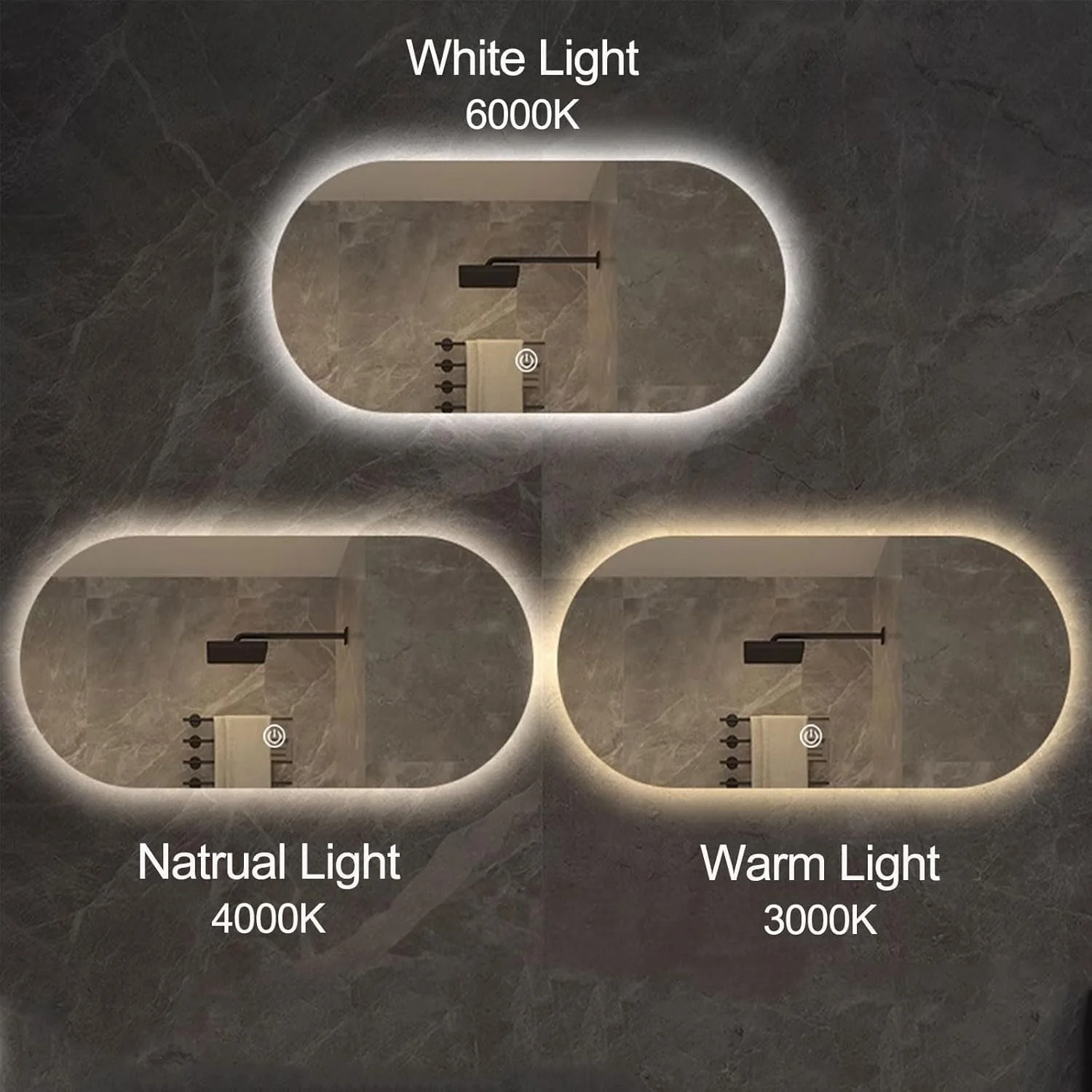 VPHOME LED Oval Bathroom Bakeup Mirrors, Easy to Install Anti-Fog Wall Mounted Lighted Mirror, 60 x 120cm Large Modern LED Bathroom Vanity Mirror, 3 Colors Dimmable Brightness (VPMR-71)