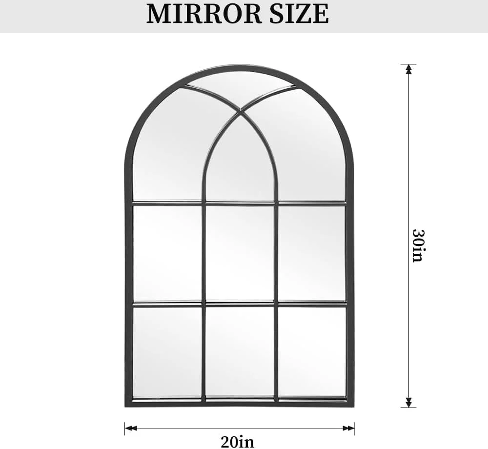 آینه دیواری پنجره قوسی Vparty، 75x50 سانتی متر، قاب فلزی، آینه تزئینی، آینه روشویی برای حمام، ورودی، اتاق نشیمن، آینه طرح پنجره، آینه های خانه روستایی برای دکور دیوار (مشکی)