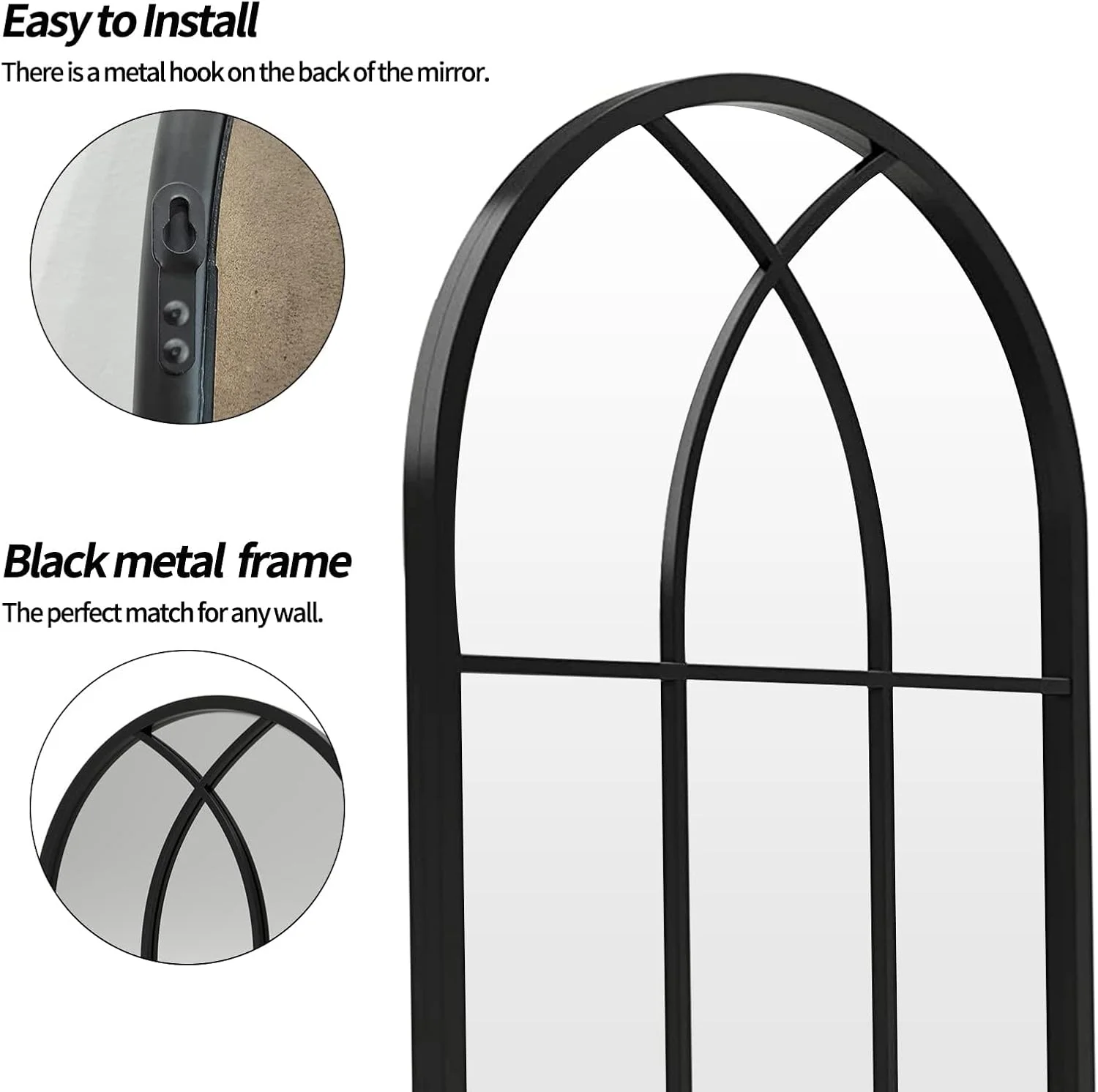 آینه دیواری پنجره قوسی Vparty، 75x50 سانتی متر، قاب فلزی، آینه تزئینی، آینه روشویی برای حمام، ورودی، اتاق نشیمن، آینه طرح پنجره، آینه های خانه روستایی برای دکور دیوار (مشکی)