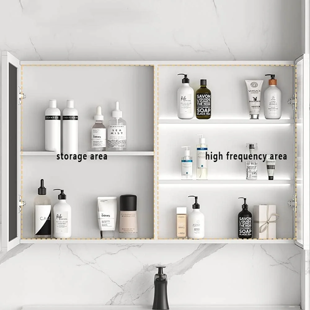 آینه آرایشی دیواری VLNAACH با کلید لمسی هوشمند، کابینت آینه مستطیلی ضد بخار، کابینت آینه چراغ دار LED با قفسه ذخیره سازی