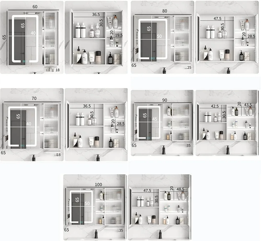 آینه آرایشی دیواری VLNAACH با کلید لمسی هوشمند، کابینت آینه مستطیلی ضد بخار، کابینت آینه چراغ دار LED با قفسه ذخیره سازی