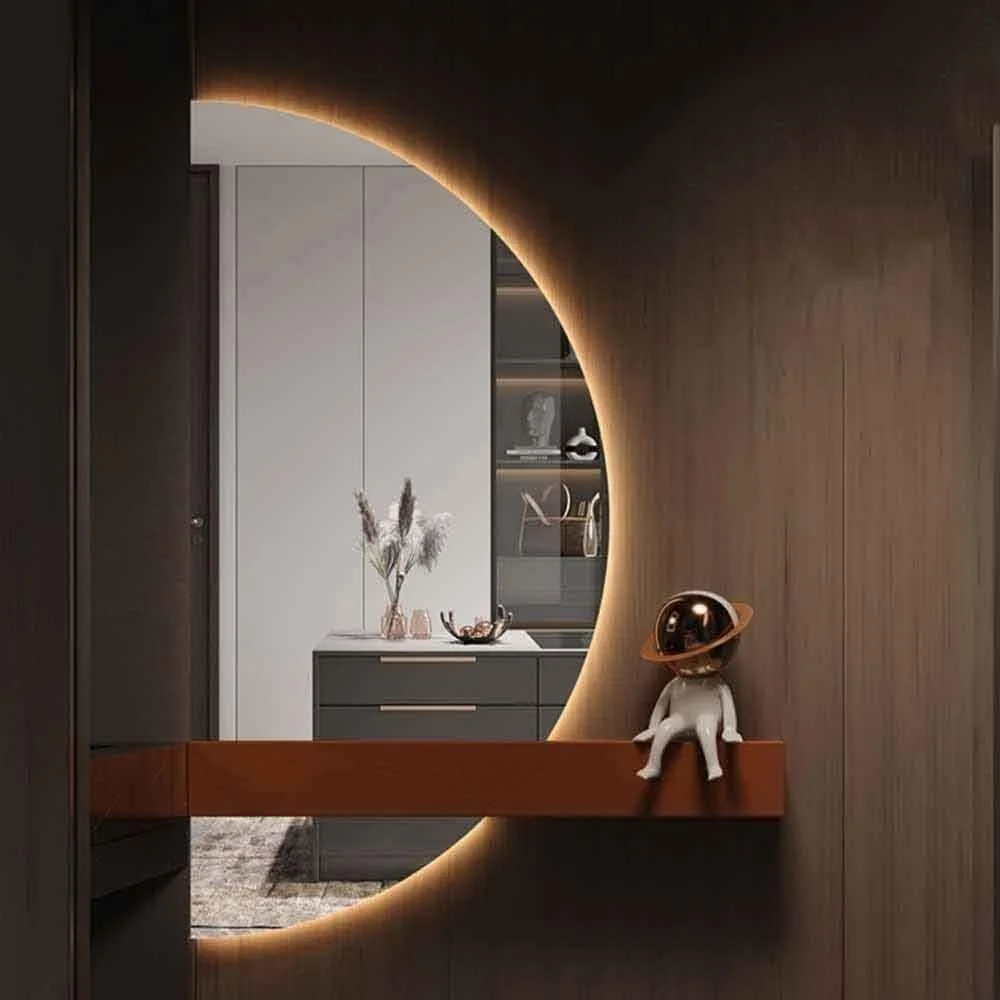 آینه دیواری VLNAACH مناسب برای حمام، آینه LED سه رنگ با قابلیت تنظیم نور مناسب برای روشویی، آینه هوشمند نیمه ماه بدون قاب با نور پس زمینه برای حمام