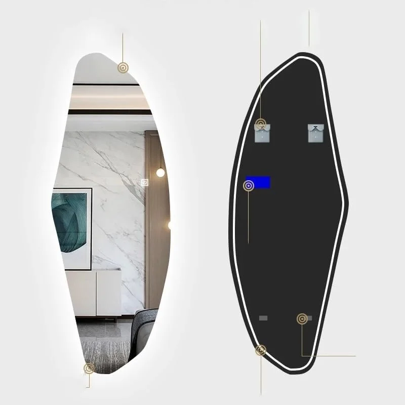 آینه نامنظم 51x135 سانتی‌متری VLNAACH، آینه چسبی دیواری زیبا، هوشمند و دارای نور، مناسب حمام، با قابلیت تنظیم 3 رنگ، آینه حمام