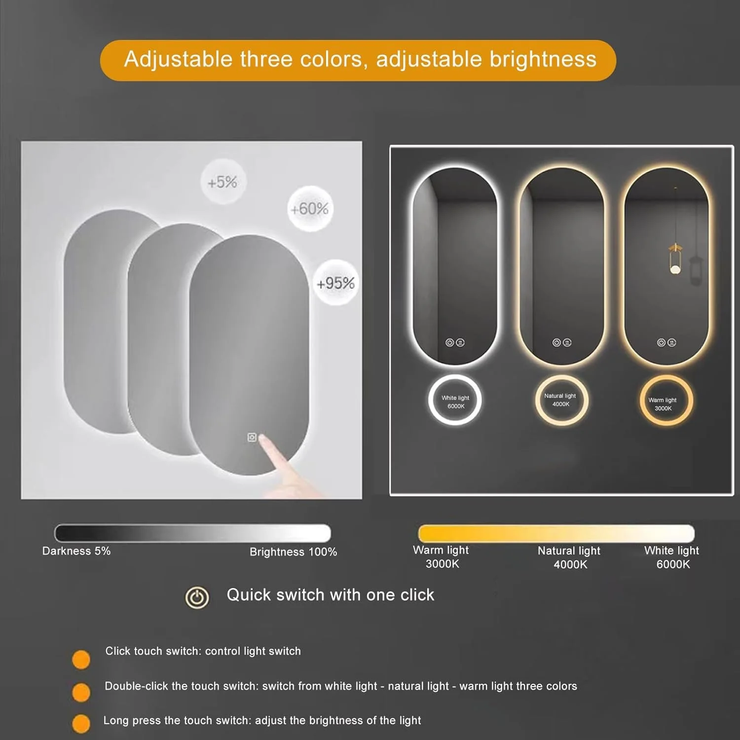 آینه حمام نورانی VLNAACH با چراغ های LED سه رنگ، آینه دیواری با ضد بخار، آینه روشویی آرایشی با کلید لمسی، با قابلیت تنظیم نور بی نهایت، سازگار