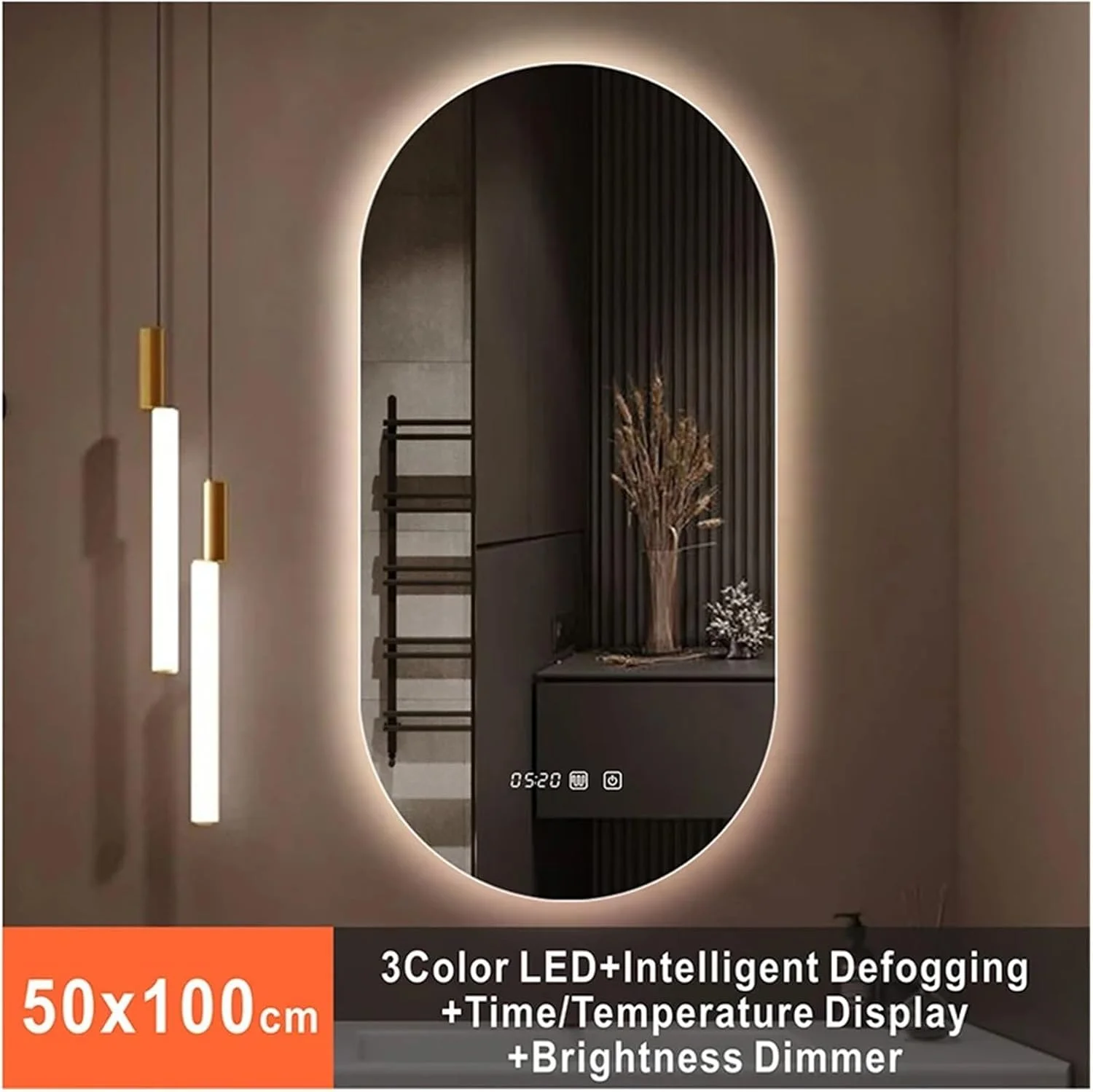 آینه آرایشی بیضی شکل ال ای دی VLNAACH سایز 20x40 اینچ با نور پس زمینه 3 رنگ، نمایشگر زمان و دما، آینه روشویی دیواری حمام