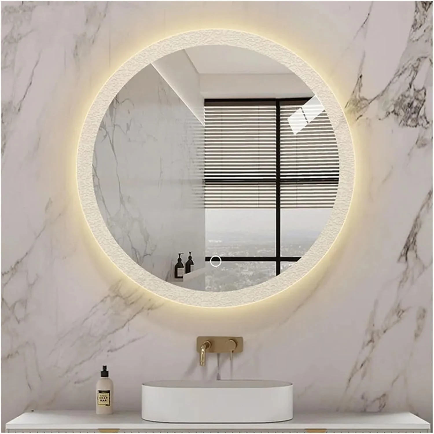 آینه گرد VLNAACH، طراحی مدرن، آینه دیواری LED زیبا، آینه حمام با قابلیت تنظیم نور 3 رنگ، آینه های حمام (تک رنگ 48 اینچ)