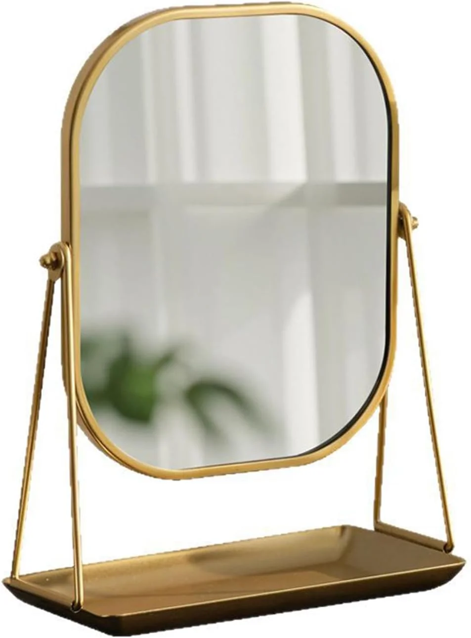 آینه آرایشی رومیزی با قاب فلزی طلایی، طراحی چرخان 360 درجه، پایه تزئینی و سینی نگهداری برای میز آرایش