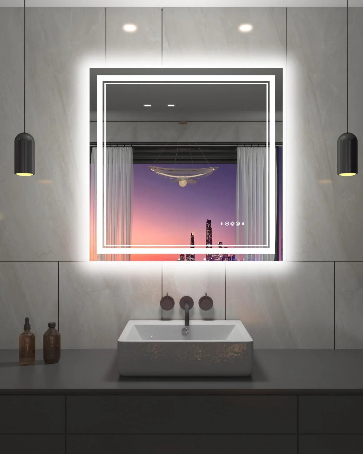 آینه حمام ال ای دی ویچانرو 36"X36" با قاب مشکی، ضد بخار، با قابلیت تنظیم نور، آینه روشویی دیواری چراغ دار برای حمام، دارای عملکرد حافظه، شیشه حرارت دیده