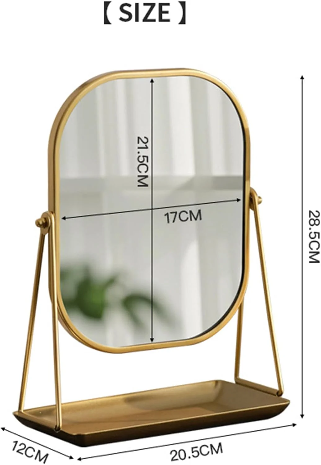 آینه آرایشی رومیزی با قاب فلزی طلایی، طراحی چرخان 360 درجه، پایه تزئینی و سینی نگهداری برای میز آرایش آینه آرایشی رومیزی با قاب فلزی طلایی، طراحی چرخان 360 درجه، پایه تزئینی و سینی نگهداری برای میز آرایش